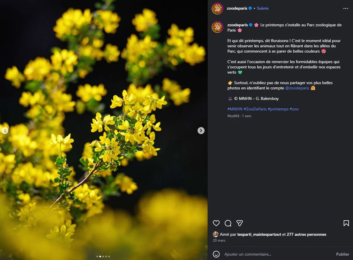 2026 Instagram post for the Zoo de Paris, MNHN, Paris