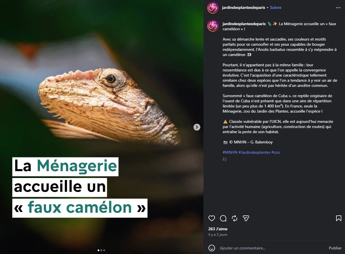 2026 Instagram post for the Jardin des Plantes de Paris, MNHN, Paris