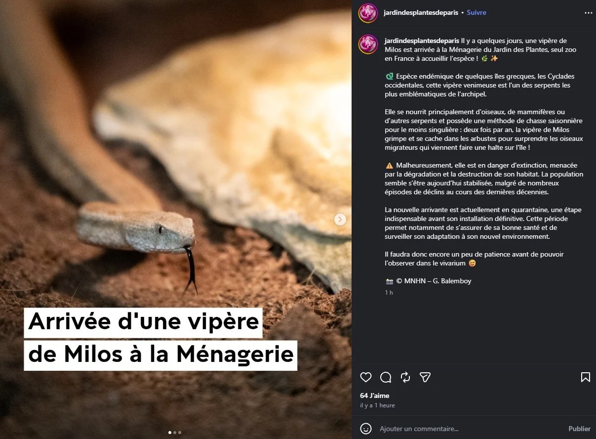 2026 Instagram post for the Jardin des Plantes de Paris, MNHN, Paris