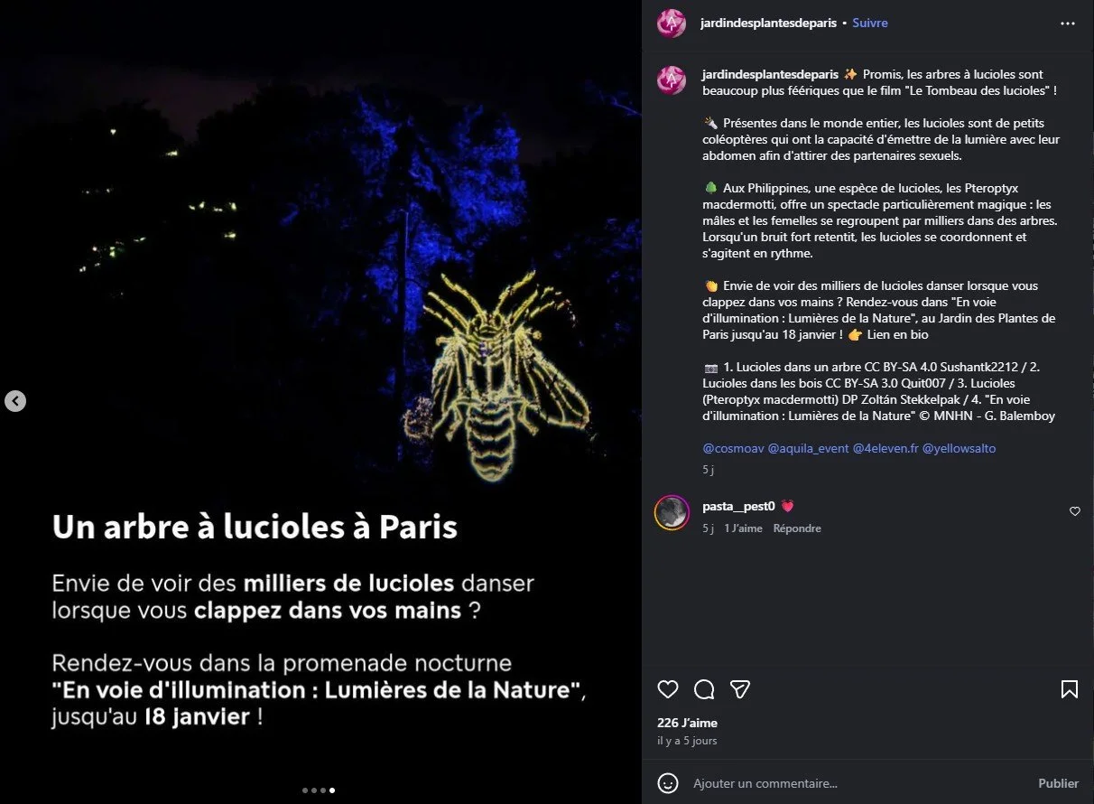 2026 Instagram post for the Jardin des Plantes de Paris, MNHN, Paris