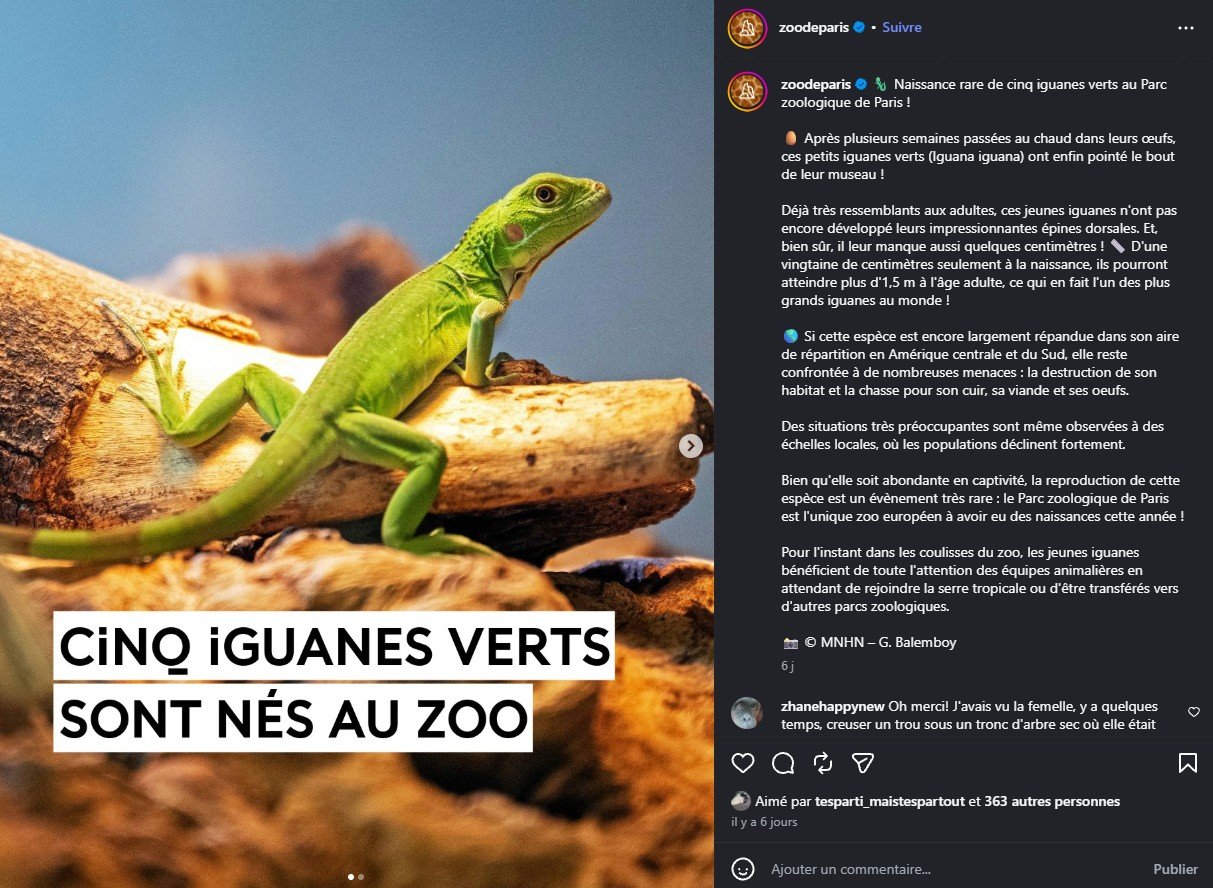 2026 Instagram post for the Zoo de Paris, MNHN, Paris