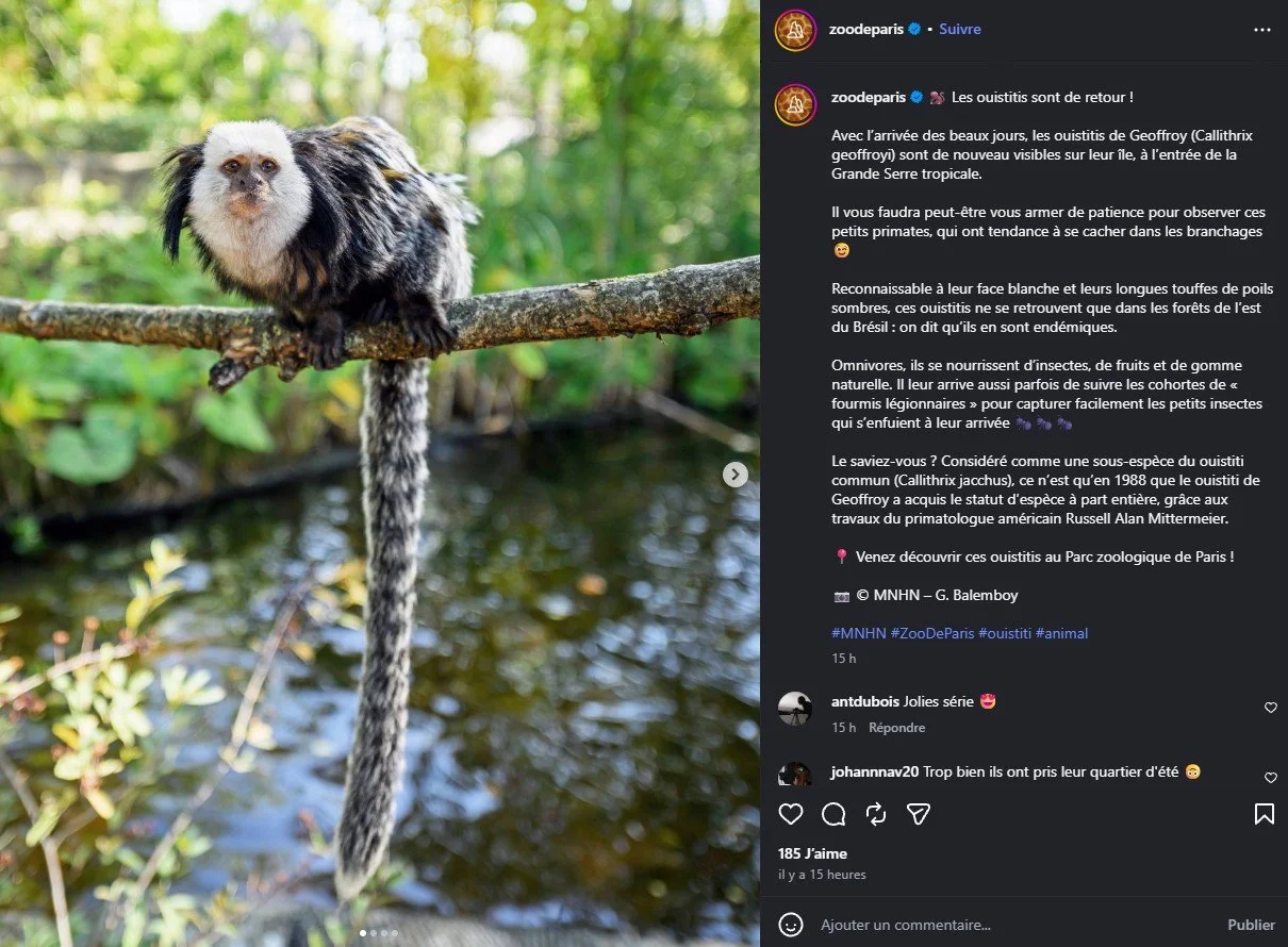 2026 Instagram post for the Zoo de Paris, MNHN, Paris