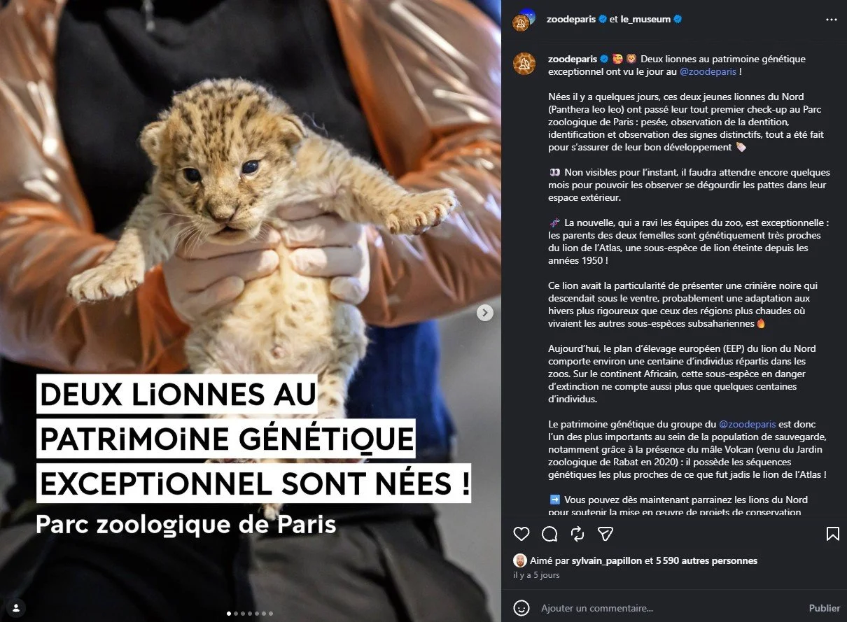 2026 Instagram post for the Zoo de Paris, MNHN, Paris