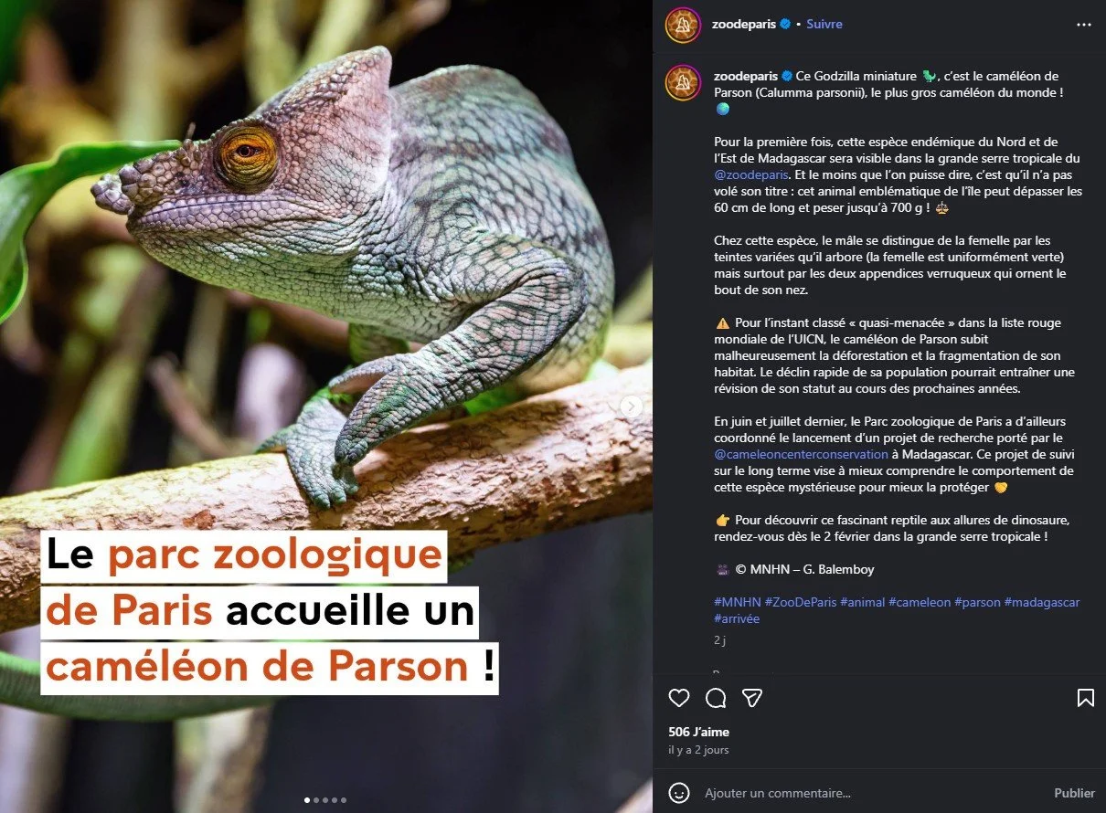 2026 Instagram post for the Zoo de Paris, MNHN, Paris
