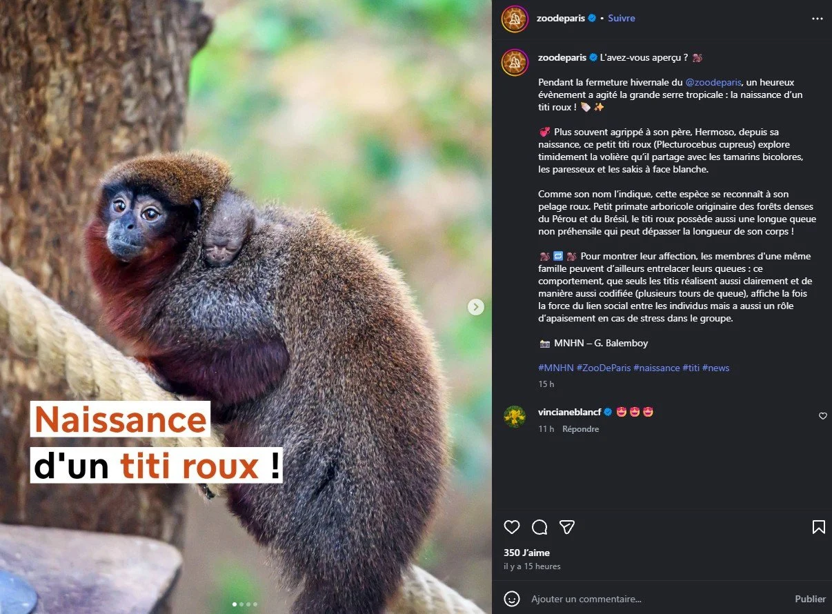 2026 Instagram post for the Zoo de Paris, MNHN, Paris
