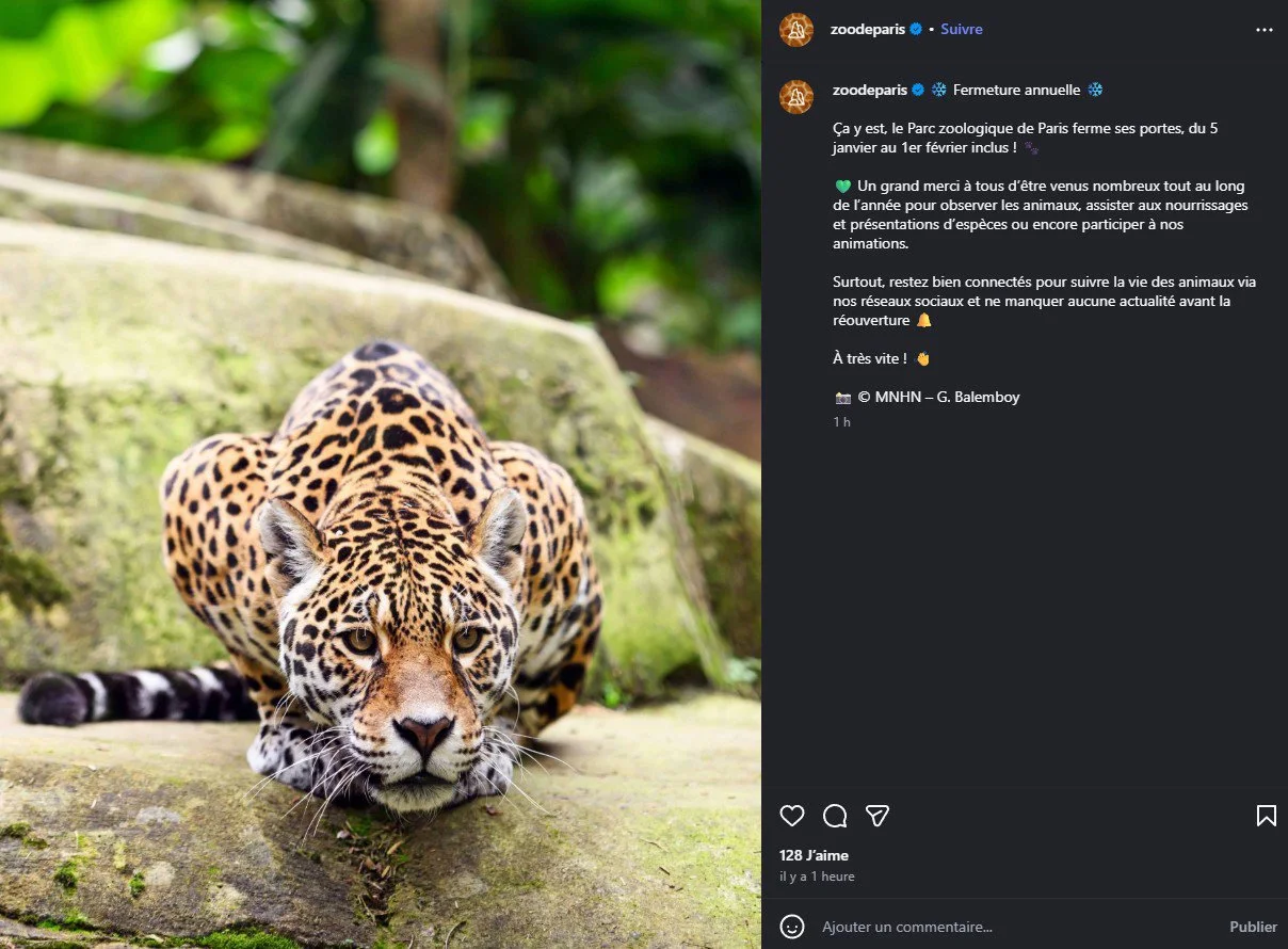 2026 Instagram post for the Zoo de Paris, MNHN, Paris