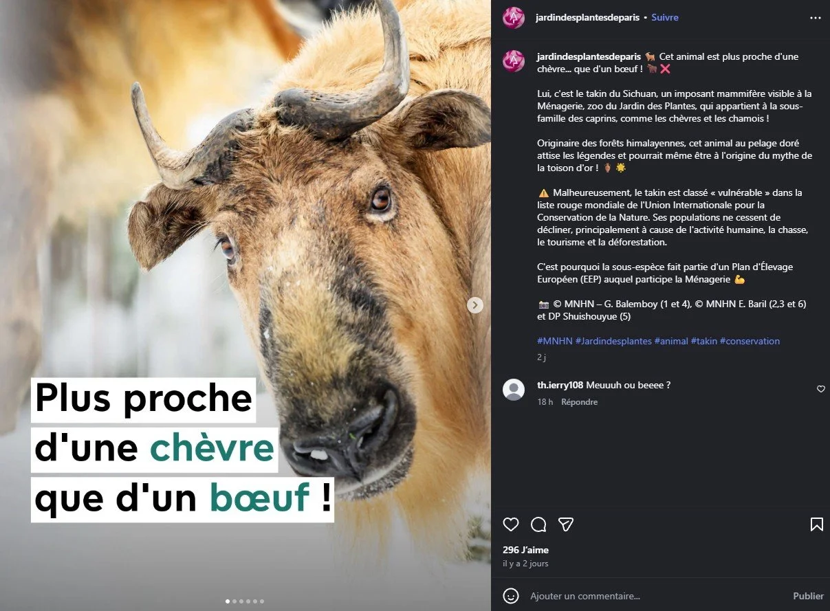 2026 Instagram post for the Jardin des Plantes de Paris, MNHN, Paris