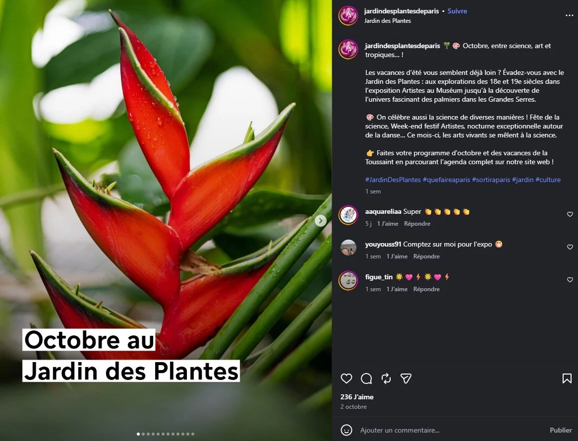 2026 Instagram post for the Jardin des Plantes de Paris, MNHN