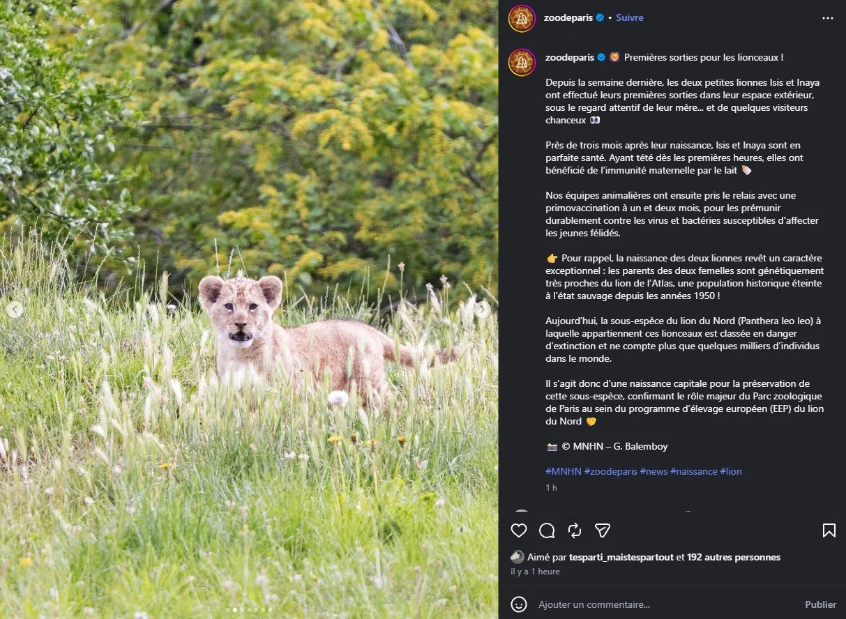 2026 Instagram post for the Zoo de Paris, MNHN, Paris