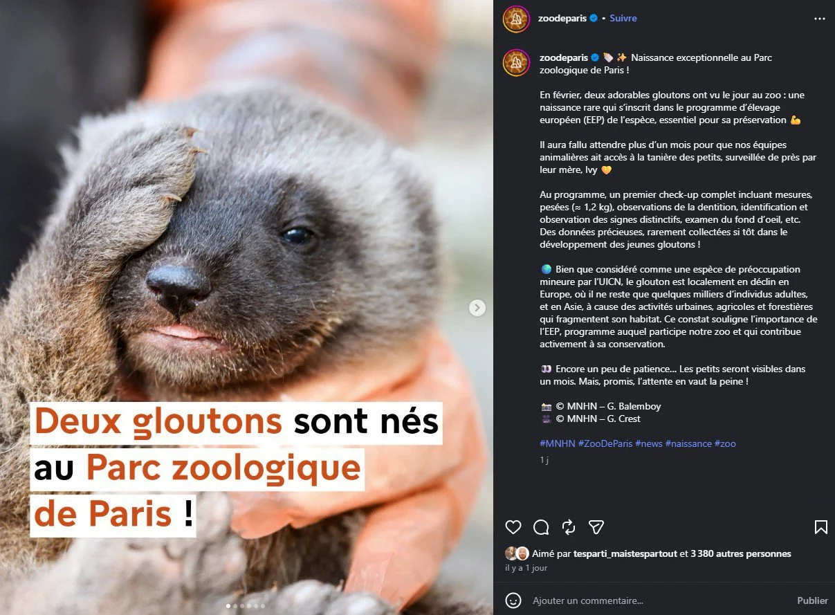 2026 Instagram post for the Zoo de Paris, MNHN, Paris