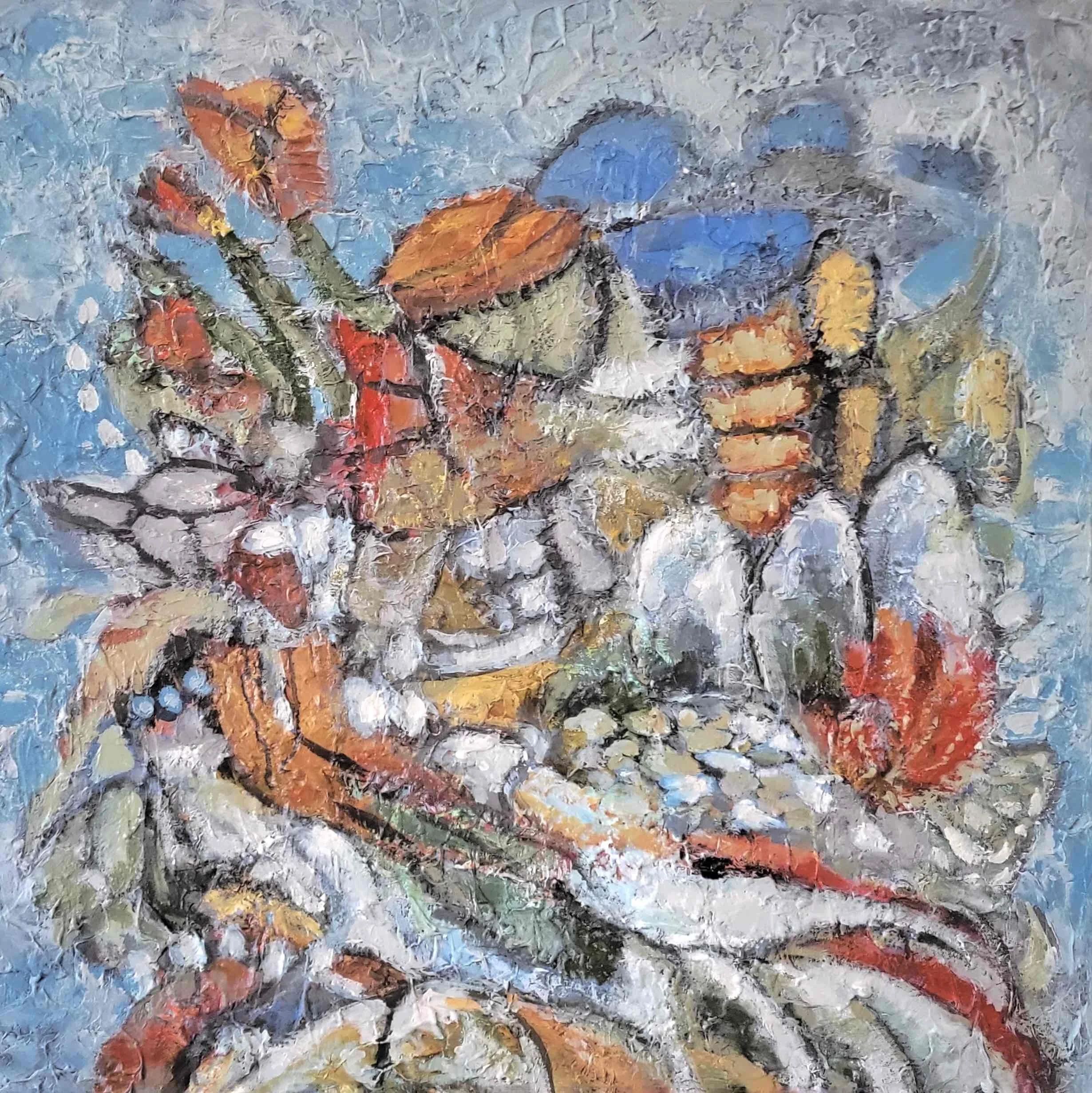 Midsommar Harvest, 2025. Acrylic paint and modeling paste on canvas — 80 x 80 x 3.8 cm.