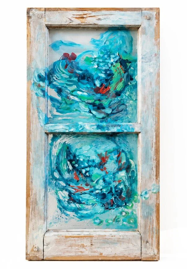 Thresholds [3], 2026. Acrylic on Swedish window frame with plexiglass — 59.6 x 31.3 x 2.7 cm.
