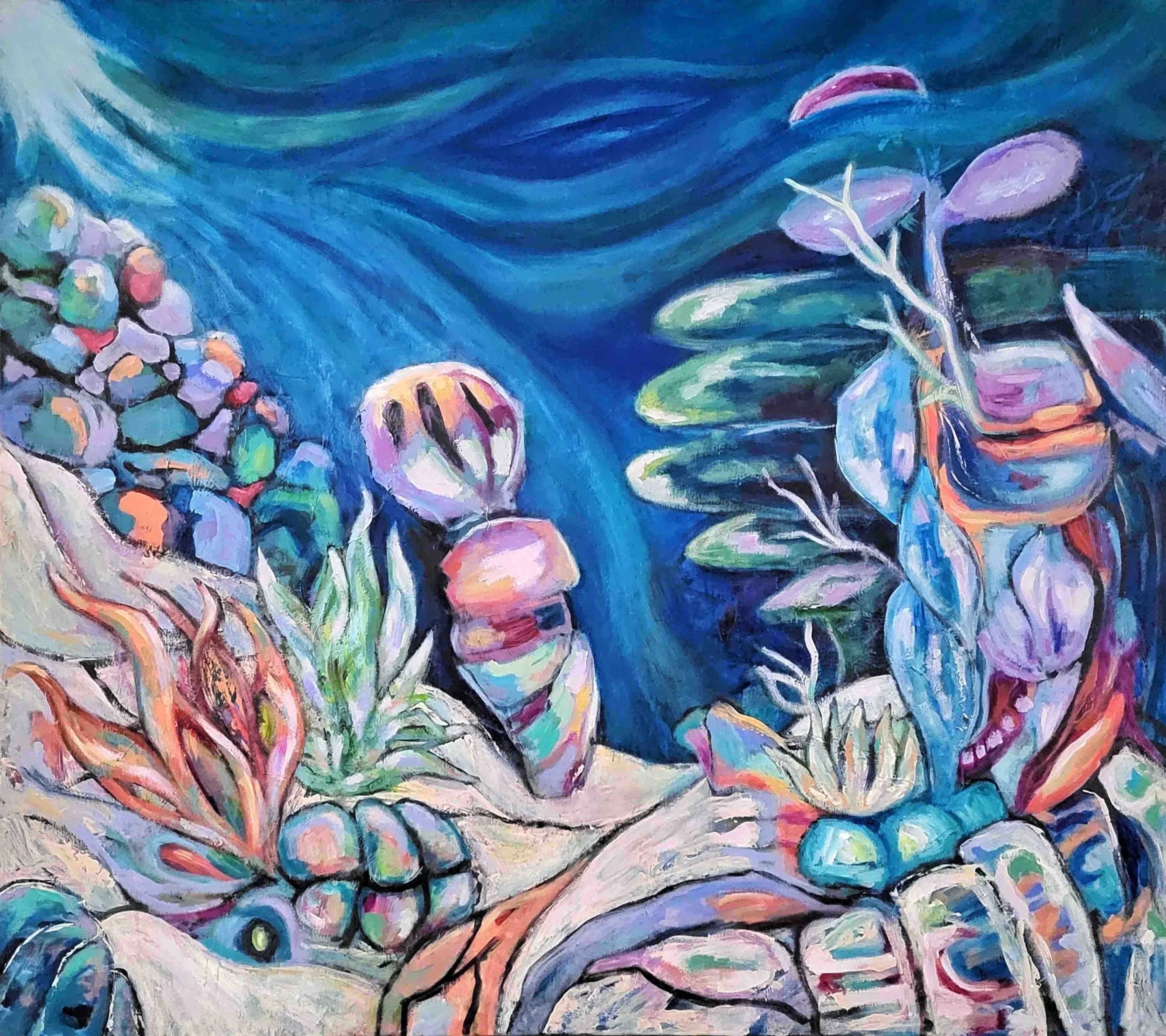 Carried By The Tides, 2025. Acrylic on canvas — 120 x 135 x 3.8 cm.