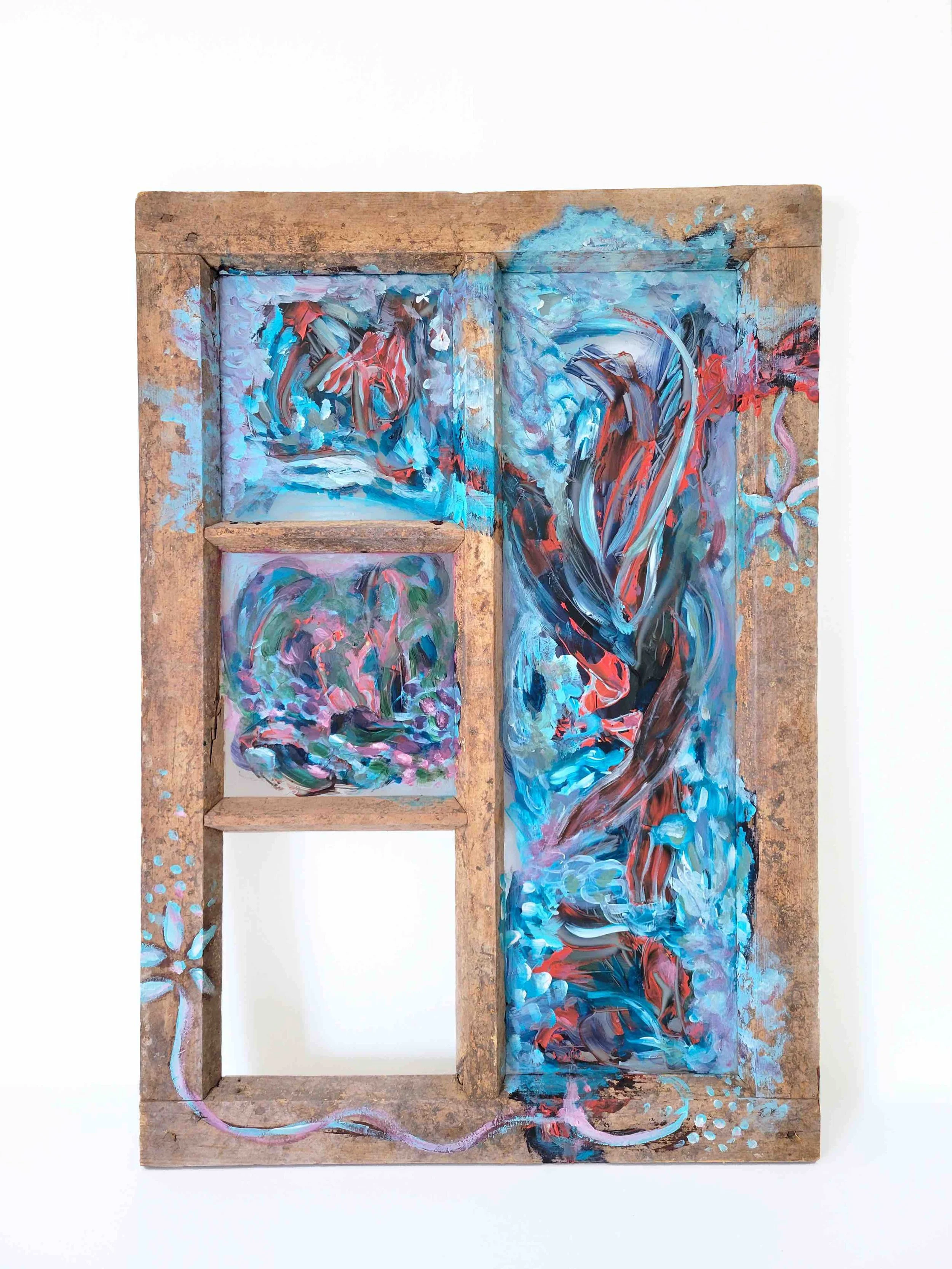 Thresholds [5], 2026. Acrylic on Swedish window frame with plexiglass — 67.3 x 47.1 x 2.7 cm.