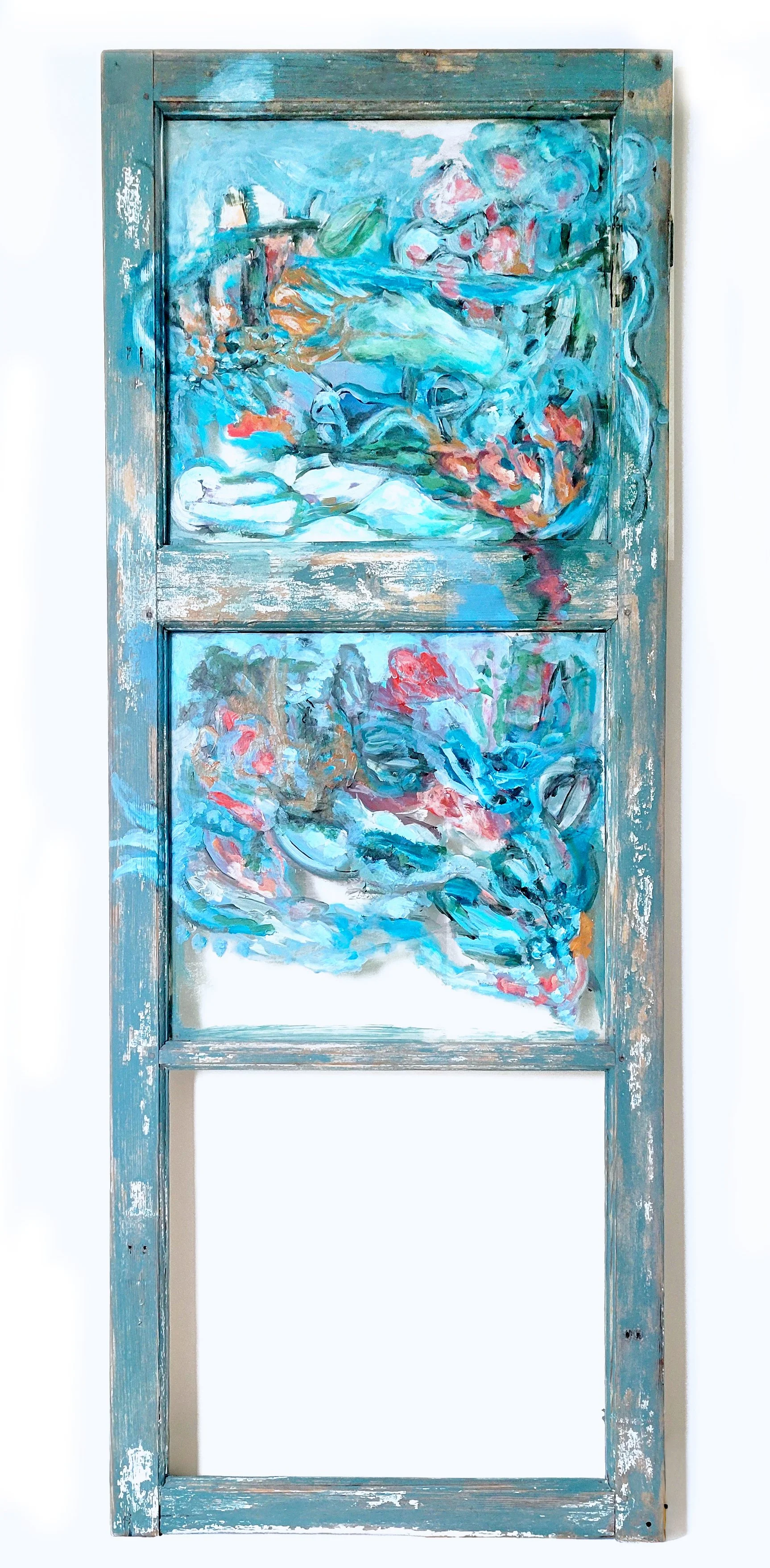 Thresholds [2], 2026. Acrylic on Swedish window frame with paper and plexiglass — 137 x 52 x 2.5 cm.