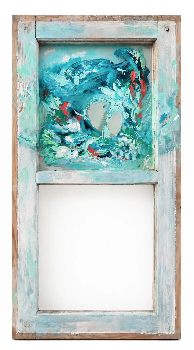 Thresholds [4], 2026. Acrylic on Swedish window frame with plexiglass — 60 x 31.5 x 2.6 cm.