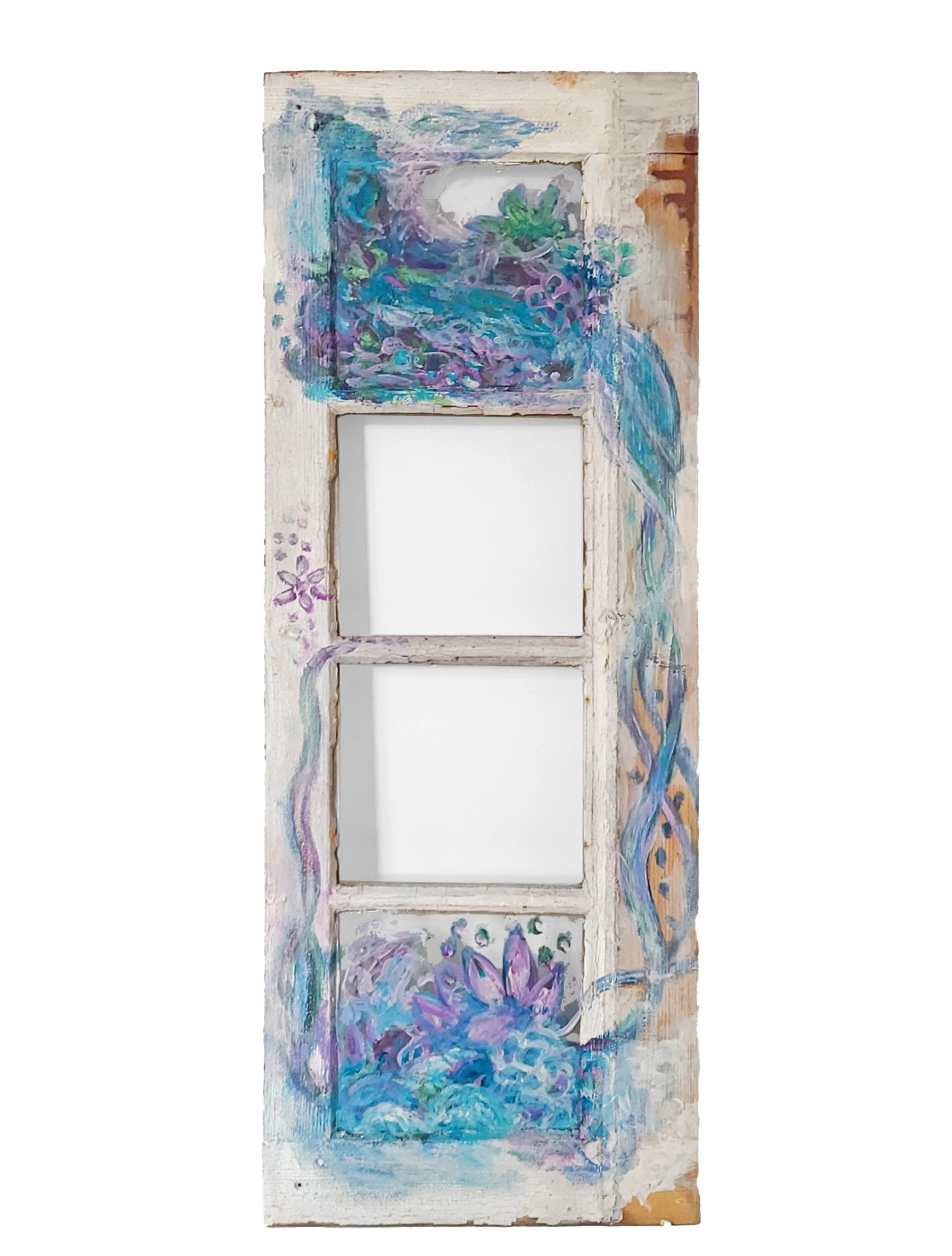 Thresholds [6], 2026. Acrylic on Swedish window frame with paper and plexiglass — 88.8 x 33.3 x 2 cm.