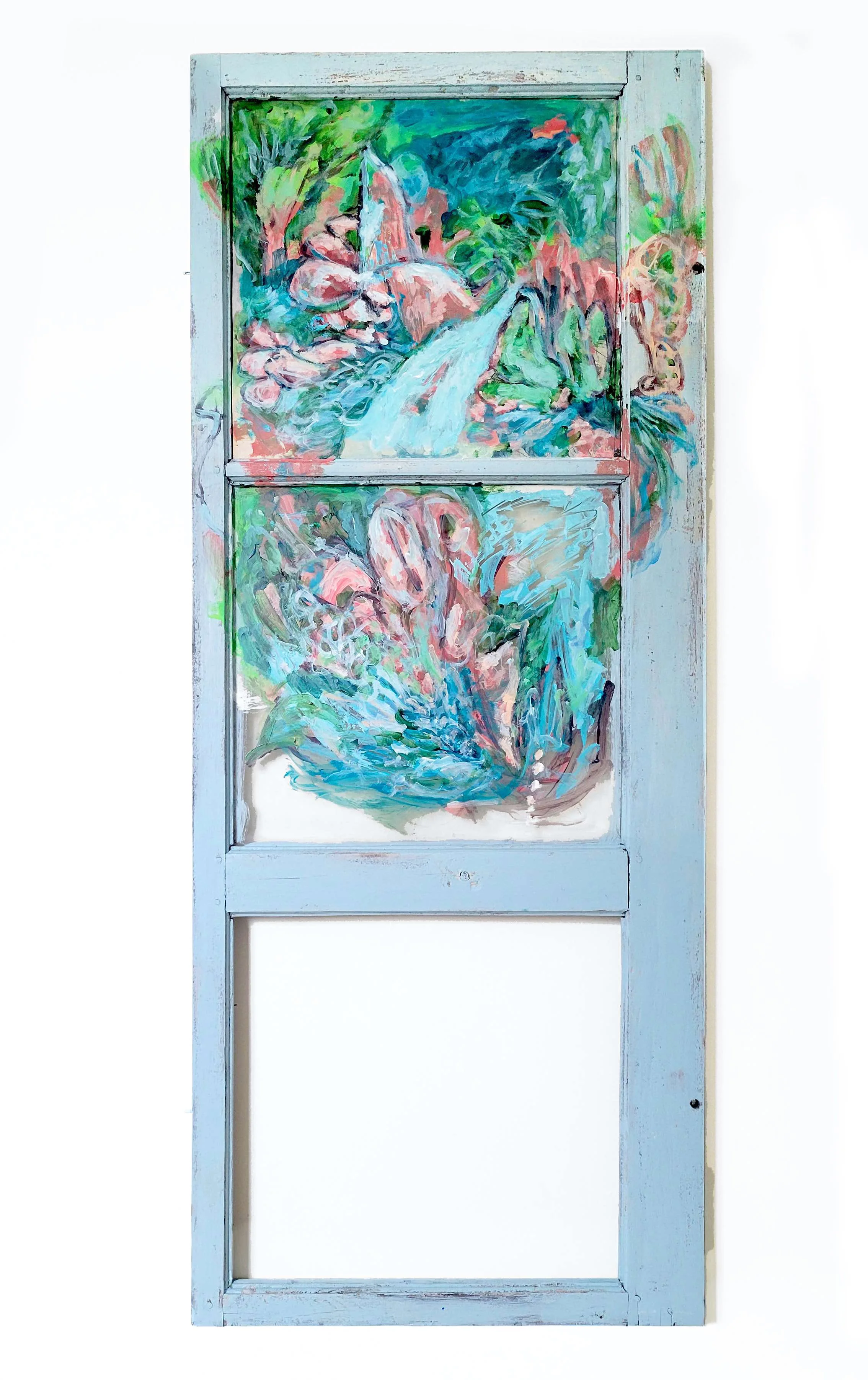 Thresholds [1], 2026. Acrylic on Swedish window frame with paper and plexiglass — 135 x 54.5 x 2.5 cm.