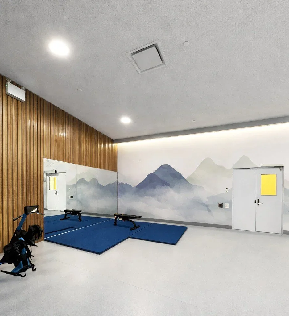 Yoga or exercise room with blue mats, a wall mirror, and a mountain mural on the wall.