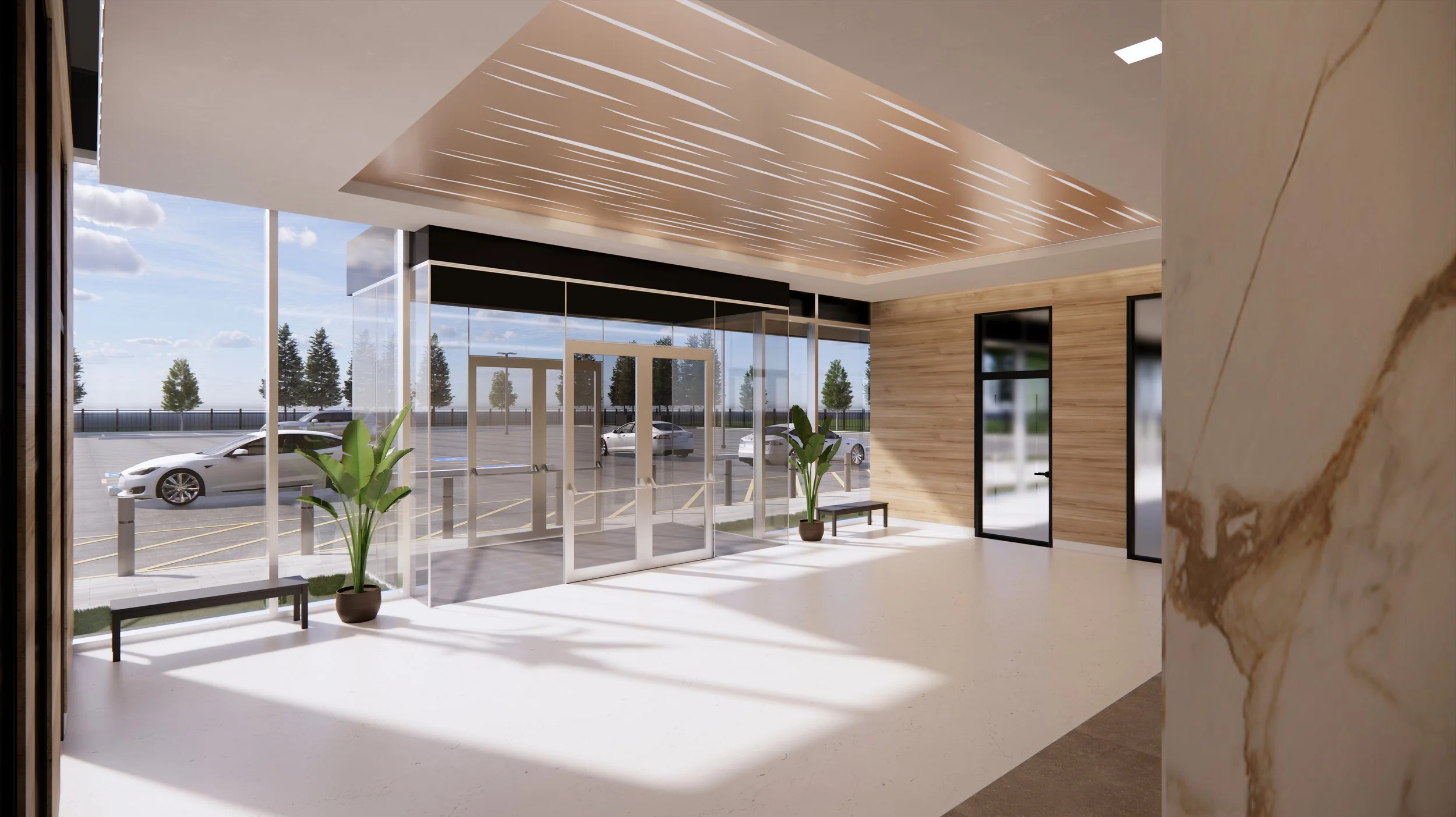 Modern lobby with large glass windows showing parking lot and trees outside, wooden wall paneling, potted plants, bench, and ceiling with artistic lighting design. Good inspiration for Toronto, Dallas and Park City.
