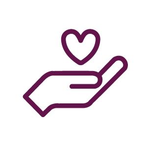 An outline of a hand holding a heart, depicted in purple.