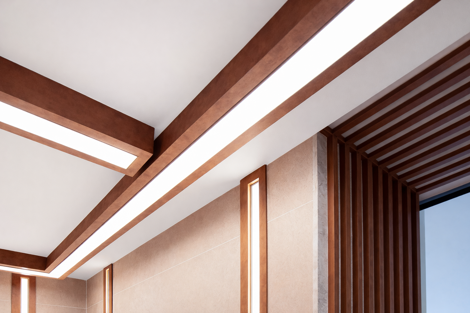 Interior ceiling with wooden beams, recessed lighting, and a window with wooden slats.