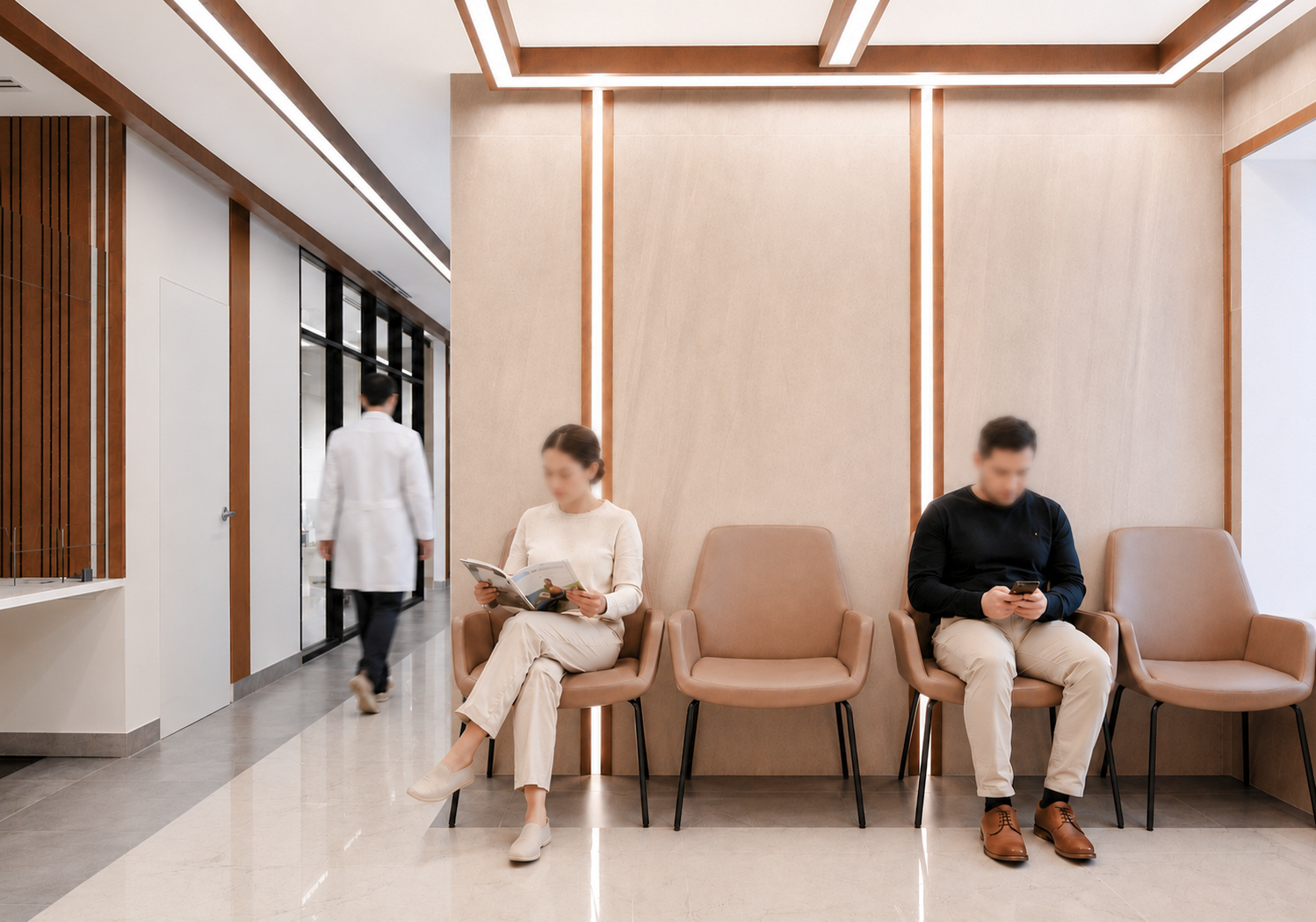 A row of four beige chairs with armrests and metal legs lined up against a beige wall with vertical lighting accents in a modern waiting area.  Healthcare Architecture. wellbeing and wayfinding. Inspiration for Toronto, Dallas, Park city.