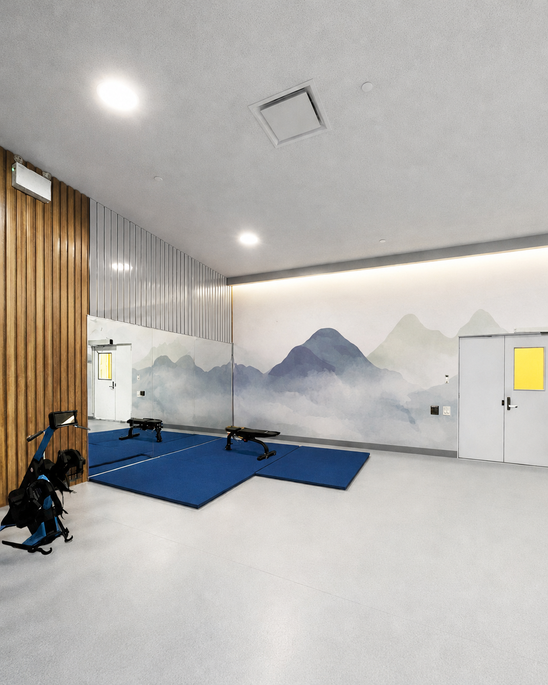 Empty fitness or exercise room with blue mats, two workout benches, and a mountain mural on the wall.