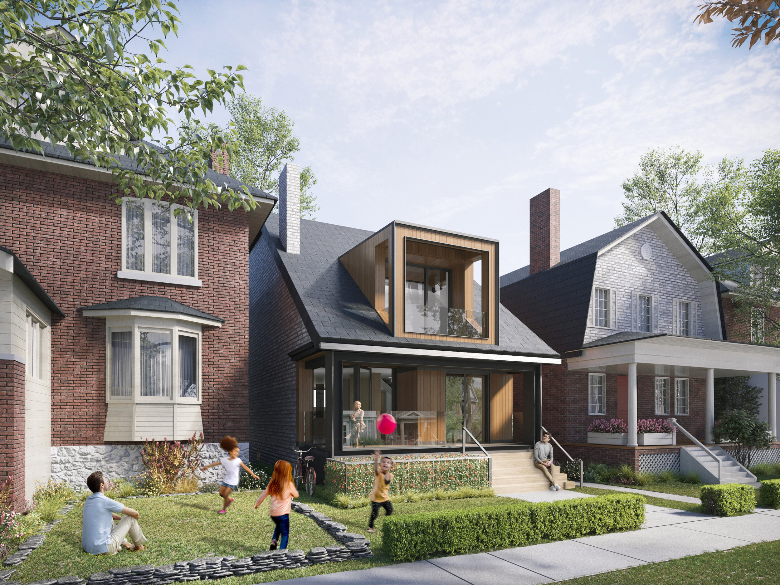 Children playing in front yard of modern residential house with brick and wood exterior, large windows, and landscaped garden. residential , wellbeing. salutogenic design. wayfinding. inspiration for Toronto, Dallas, Texas, Miami, and Park city.