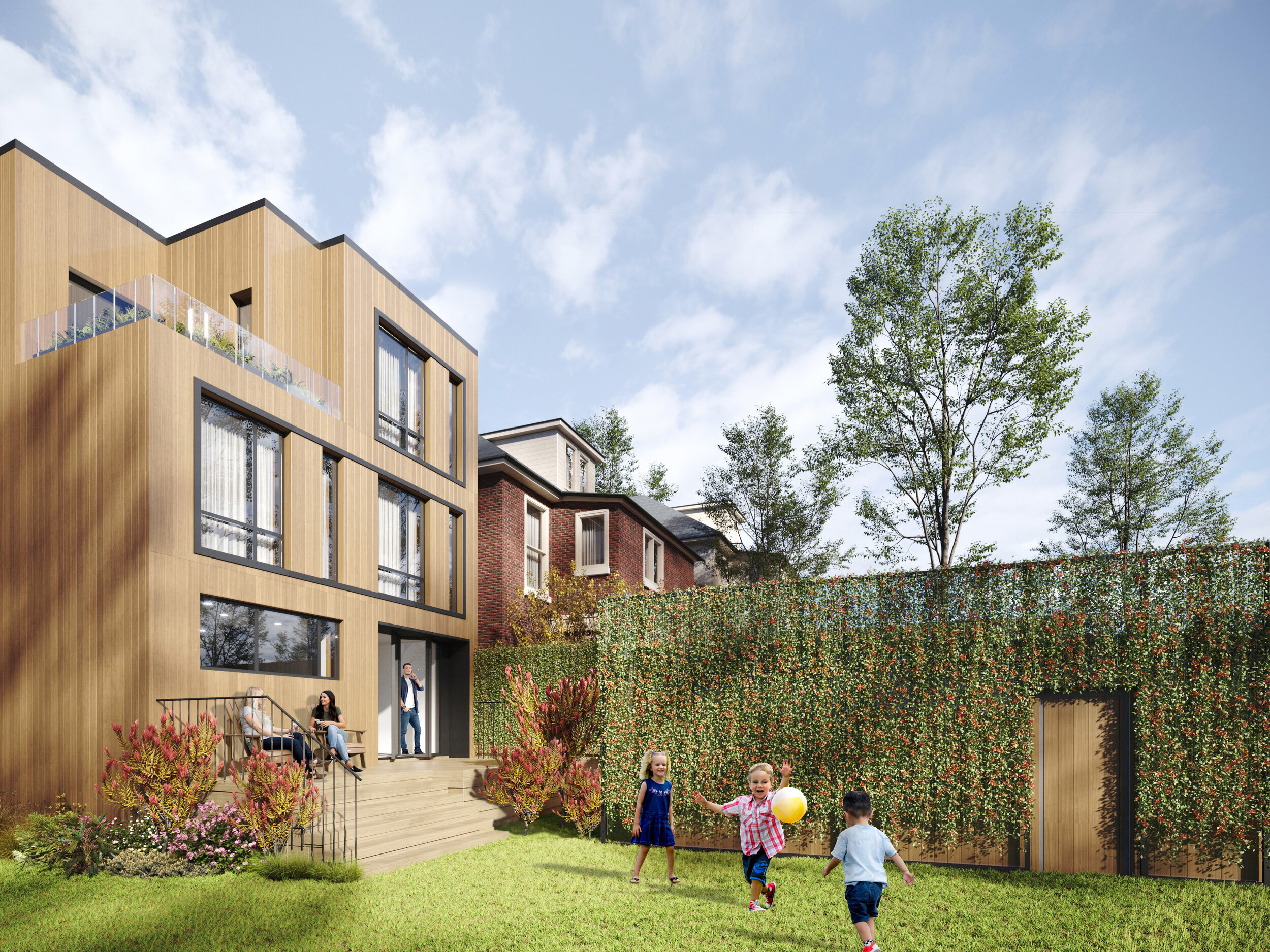 A modern residential building with wooden exterior and large windows, surrounded by kids playing on the yard, a lush green lawn, colorful flowers, and tall trees under a partly cloudy sky. inspiration for Toronto, Dallas, Texas, Miami, and Park city.