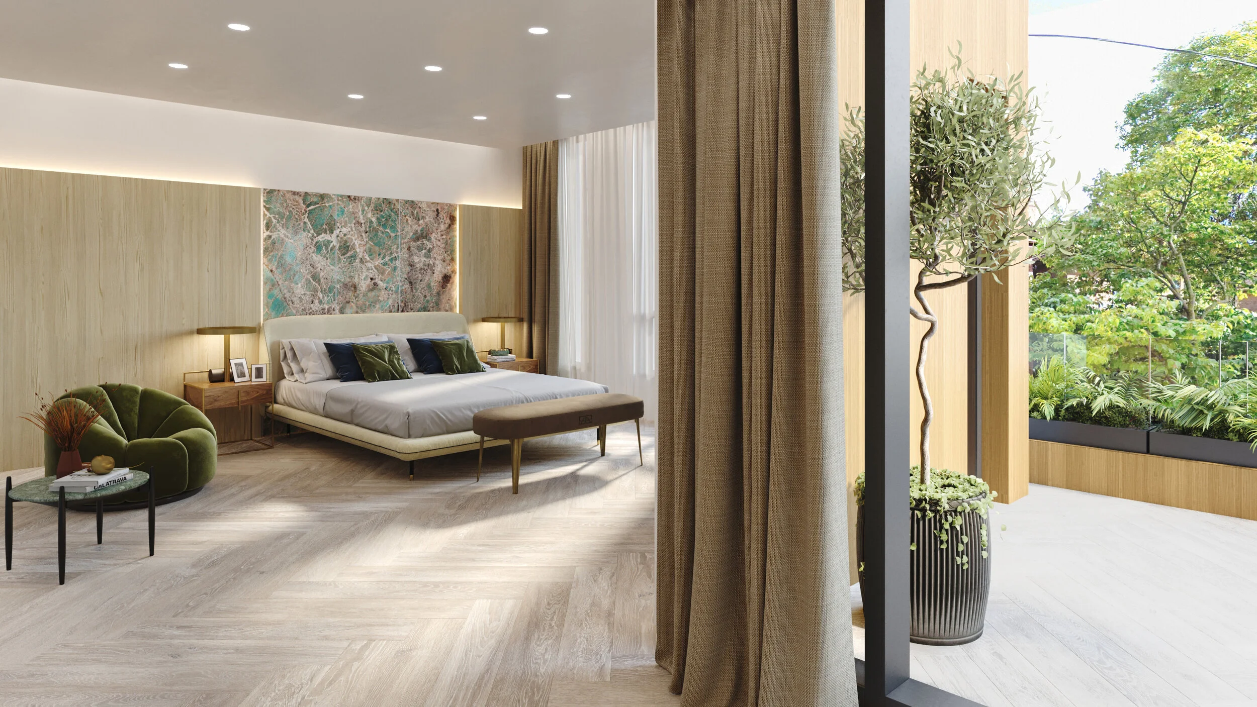 Modern bedroom with a large bed, green velvet armchair, wooden nightstand, and floor-to-ceiling curtains opening to a balcony with plants and greenery outside. residential, wellbeing. inspiration for Toronto, Dallas, Texas, Miami, and Park city.