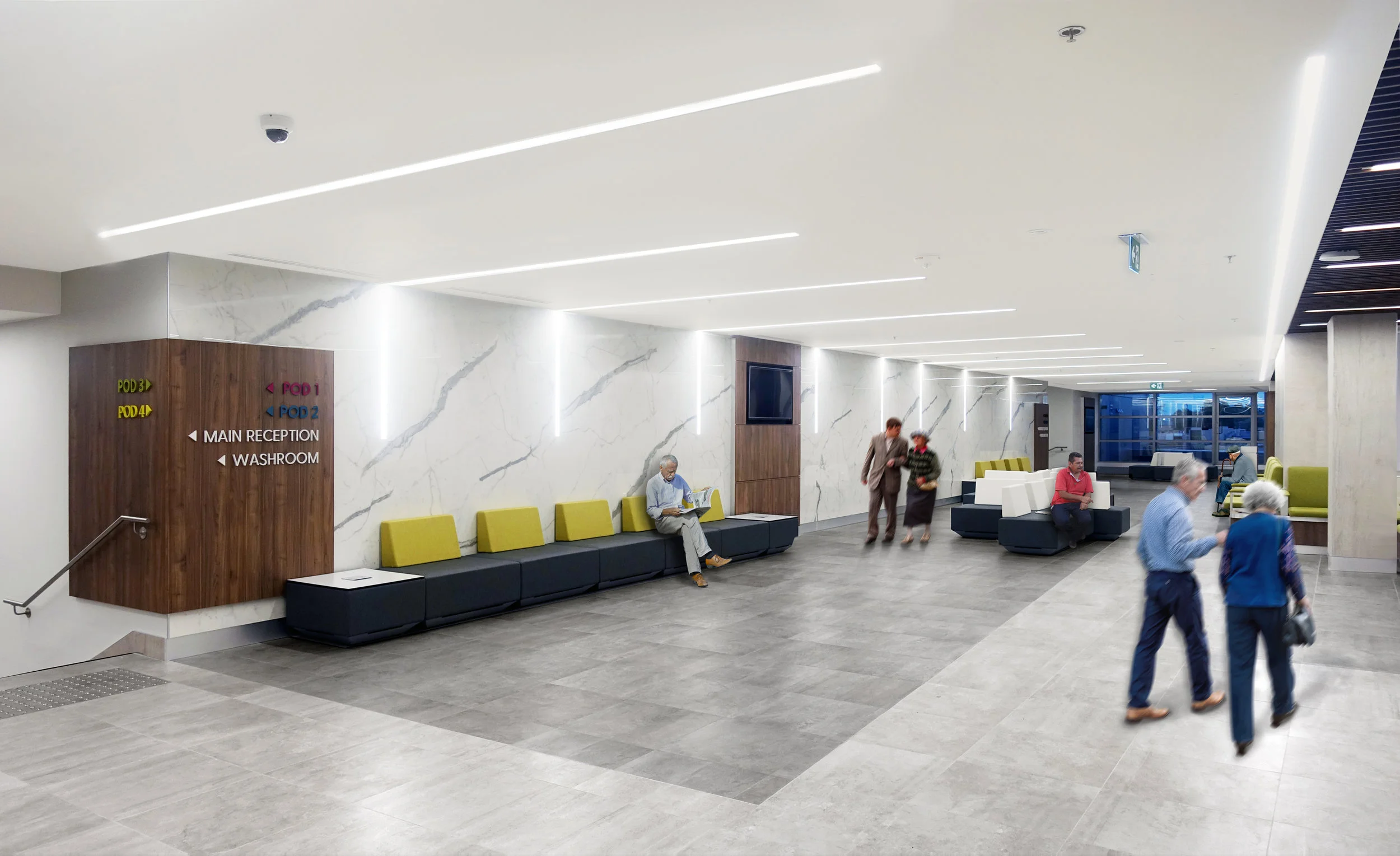 Modern hospita waiting area with white marble walls, black seating, and overhead lighting. Signs pointing to different PODs and amenities. Healthcare and wellbeing, natural light and easier flow. Good inspiration for Toronto, Dallas and Park City.