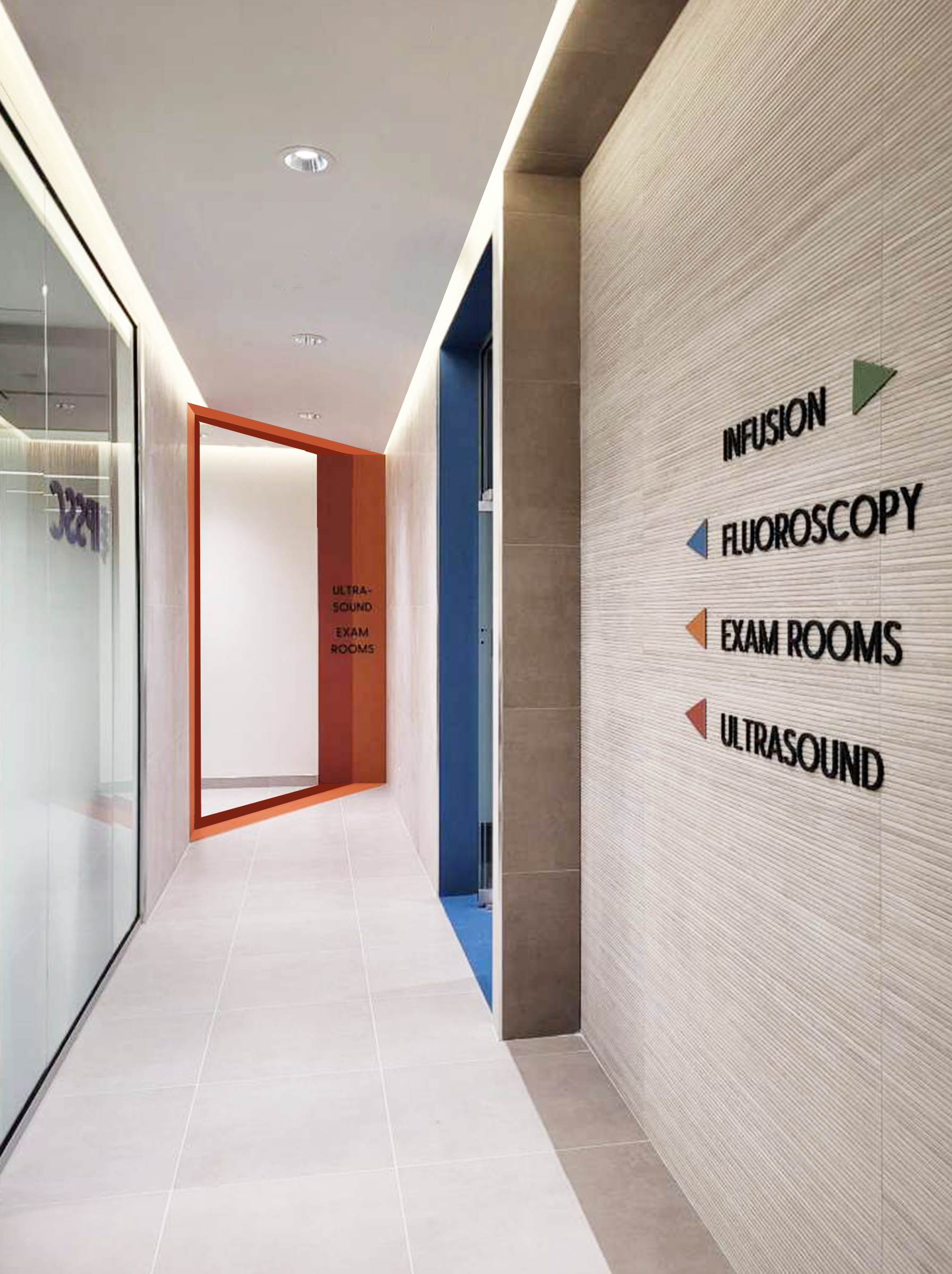 Lobby corridor with directional signs for infusion, fluoroscopy, exam rooms, ultrasonography, and U/S. Healthcare architecture that promotes wellbeing and easier wayfinding. Inspiration for Toronto, Dallas and Park City.