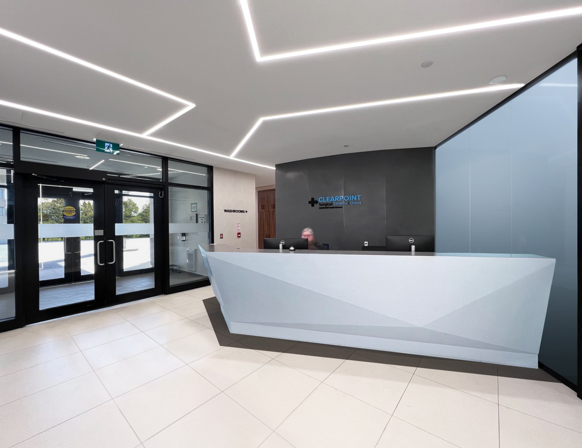 Modern hospital reception area with a white desk and glass entrance doors. Illuminated ceiling with sleek linear lighting, and a person sitting behind the reception desk. Healthcare architecture, good inspiration for Toronto, Dallas and Park city. 