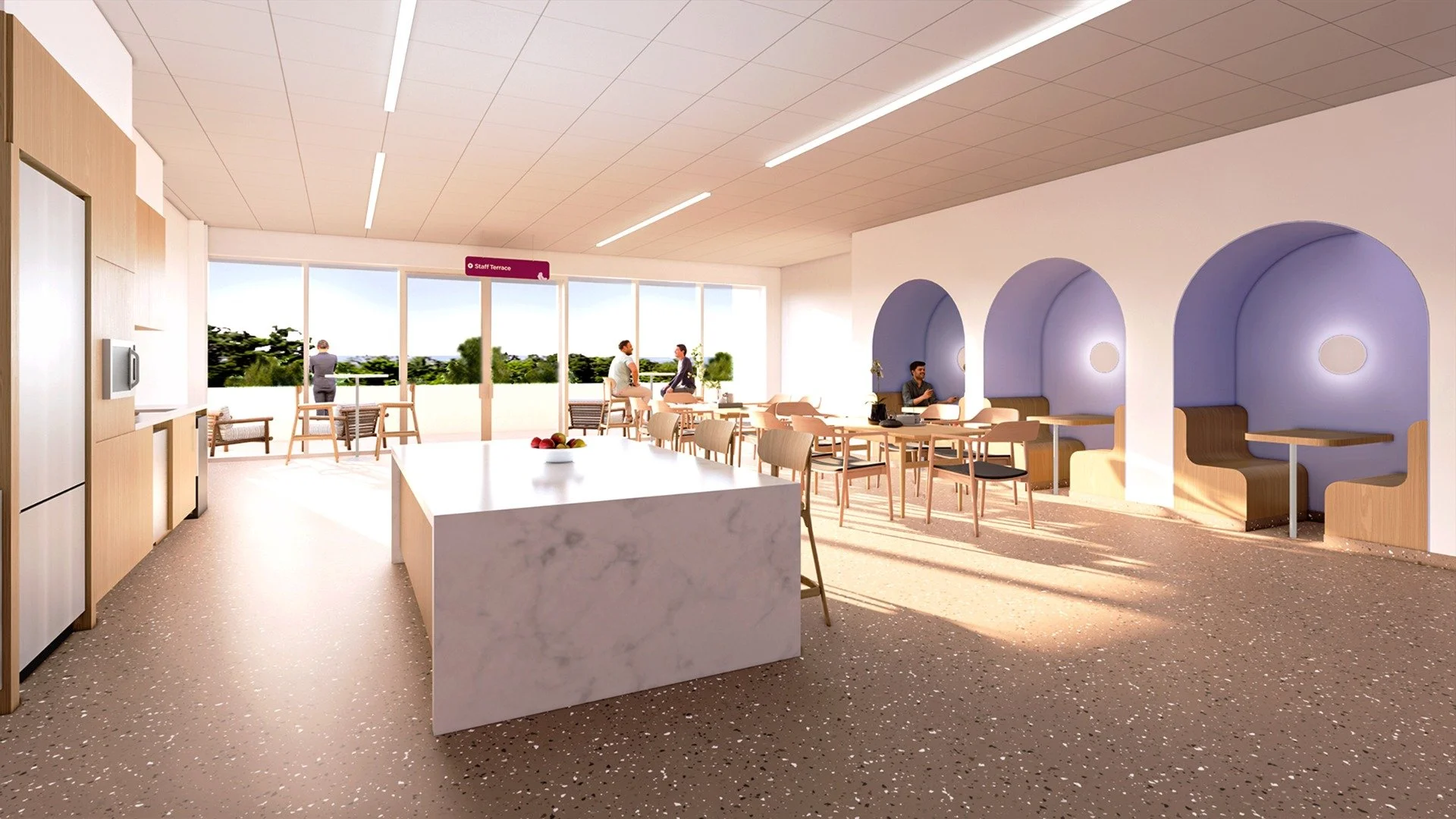 Modern cafeteria with seating booths along a purple wall, tables and chairs, a marble countertop, and large windows with a view of trees outside. Education. wellbeing and wayfinding. salutogenic design. Inspiration for Toronto, Dallas, Park city.