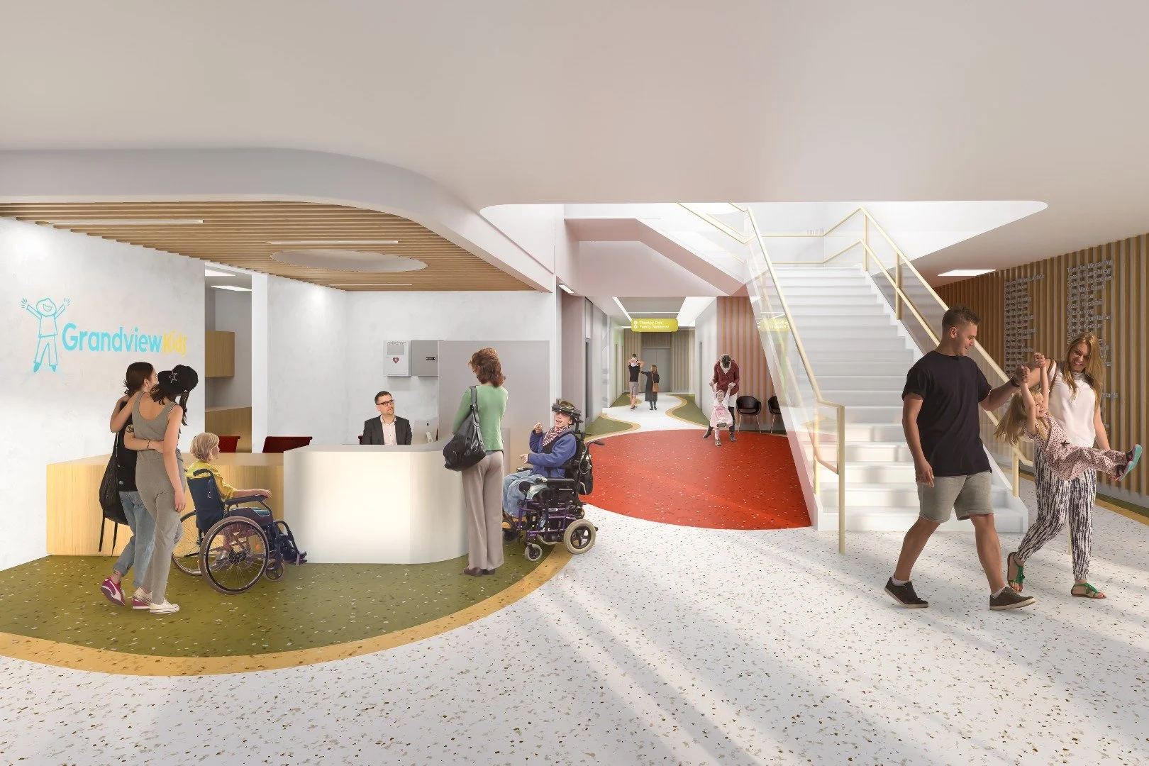 Reception area at Grandview Kids, with children and adults engaging with staff, some children in wheelchairs, a staircase to the right, and a hallway in the background. Education. wellbeing and wayfinding. Inspiration for Toronto, Dallas, Park city.