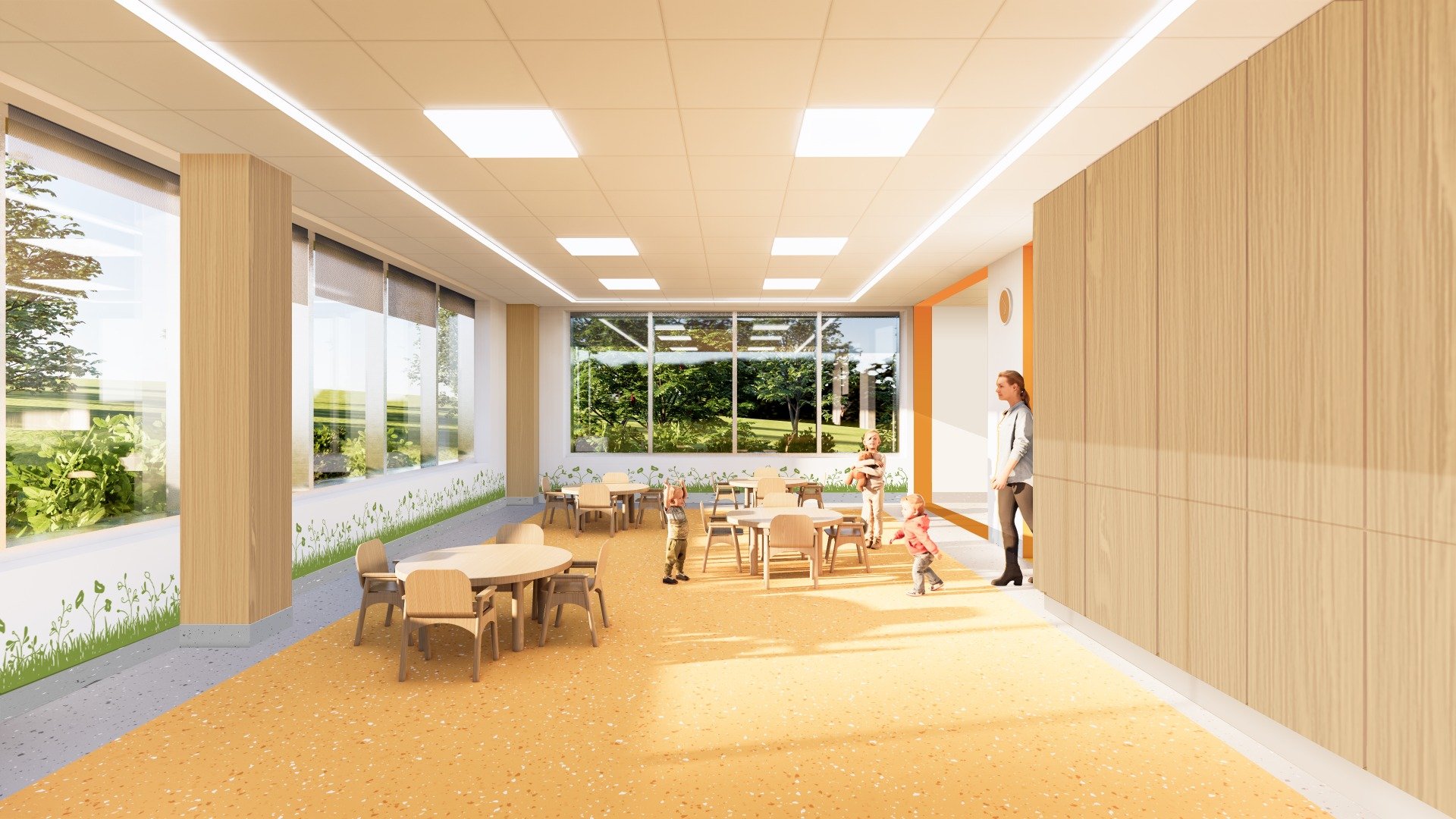 Interior of a modern, light-filled daycare or preschool classroom with wooden furniture, children playing, a teacher supervising, large windows showing green outdoor space, and cheerful decor. education. Inspiration for Toronto, Dallas, Park City. 
