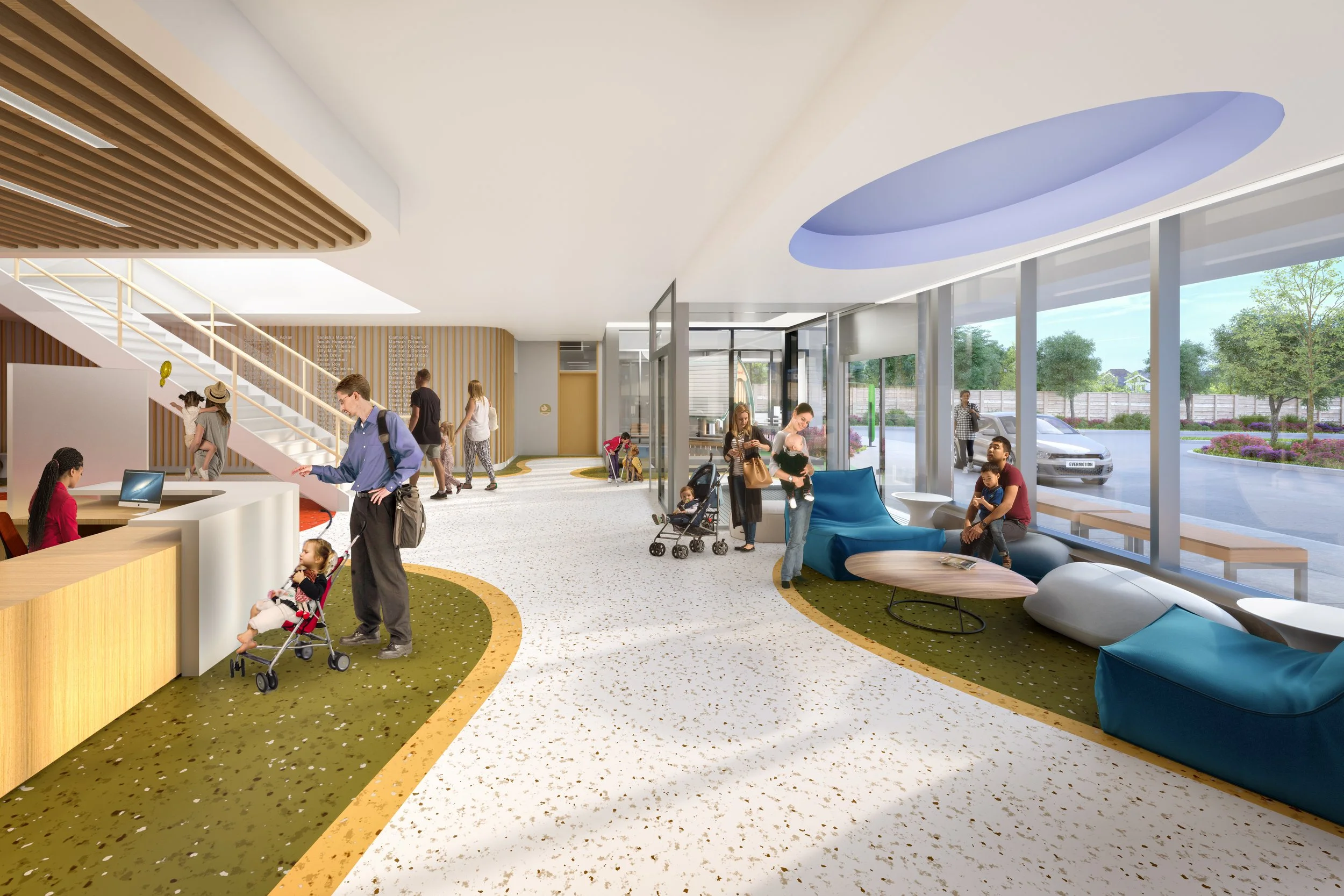 Bright and modern indoor lobby with people, large windows showing greenery outside, and stylish furniture including blue chairs and a wooden table. Education architecture. wellbeing and wayfinding. Inspiration for Toronto, Dallas and Park City.