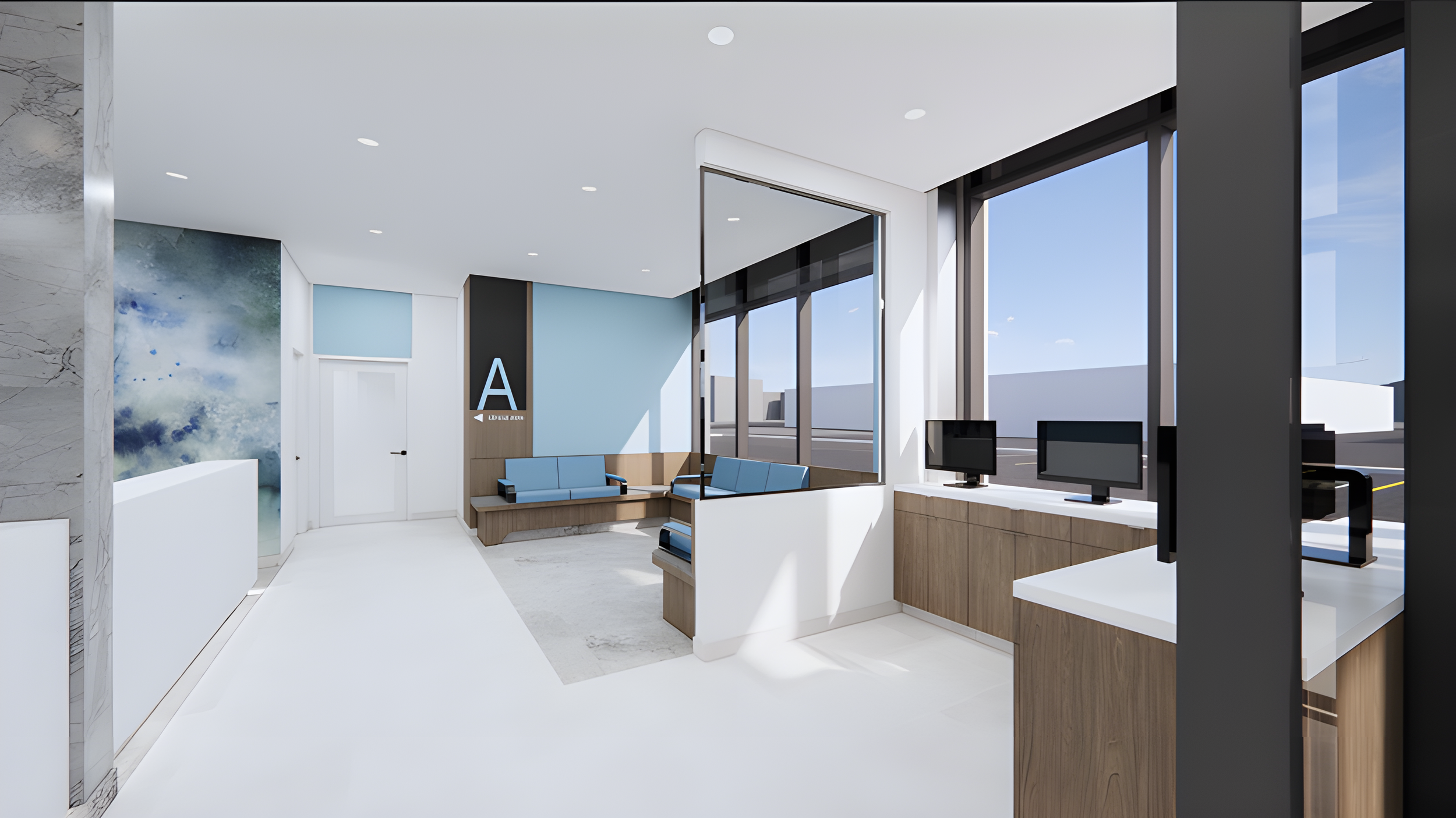 Modern interior waiting area with large windows, blue seating, and two computer monitors. Healthcare architecture, wayfinding and flow, wellbeing. salutogenic design. Inspiration for Toronto, Dallas, Texas, Miami and Park city.