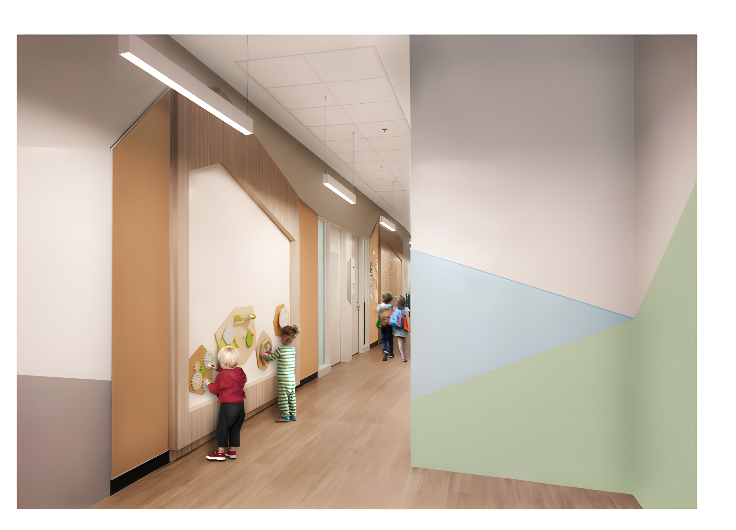 Children in colorful pajamas stand near a wooden display in a modern, brightly lit hallway, with a group walking further down the corridor. education, wellbeing. salutogenic design. wayfinding. Toronto, Dallas, Texas, Miami, and Park city.
