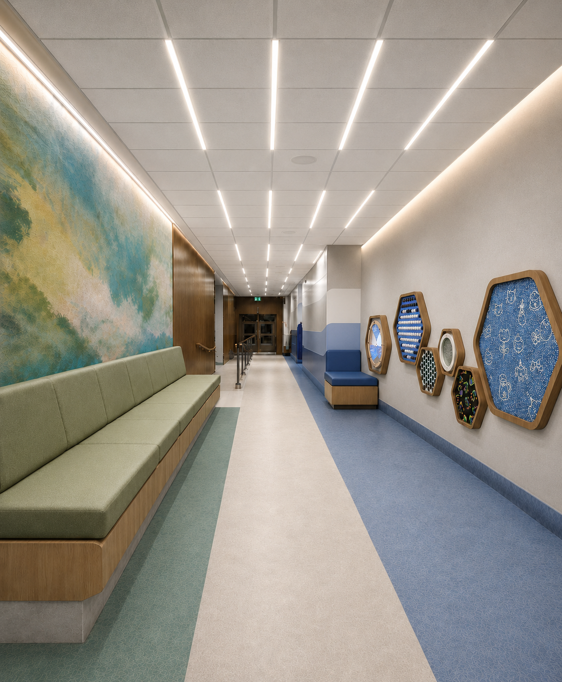 Empty hospital hallway with green bench seating, blue accents, decorative wall art, playful framed wall displays, and overhead lighting