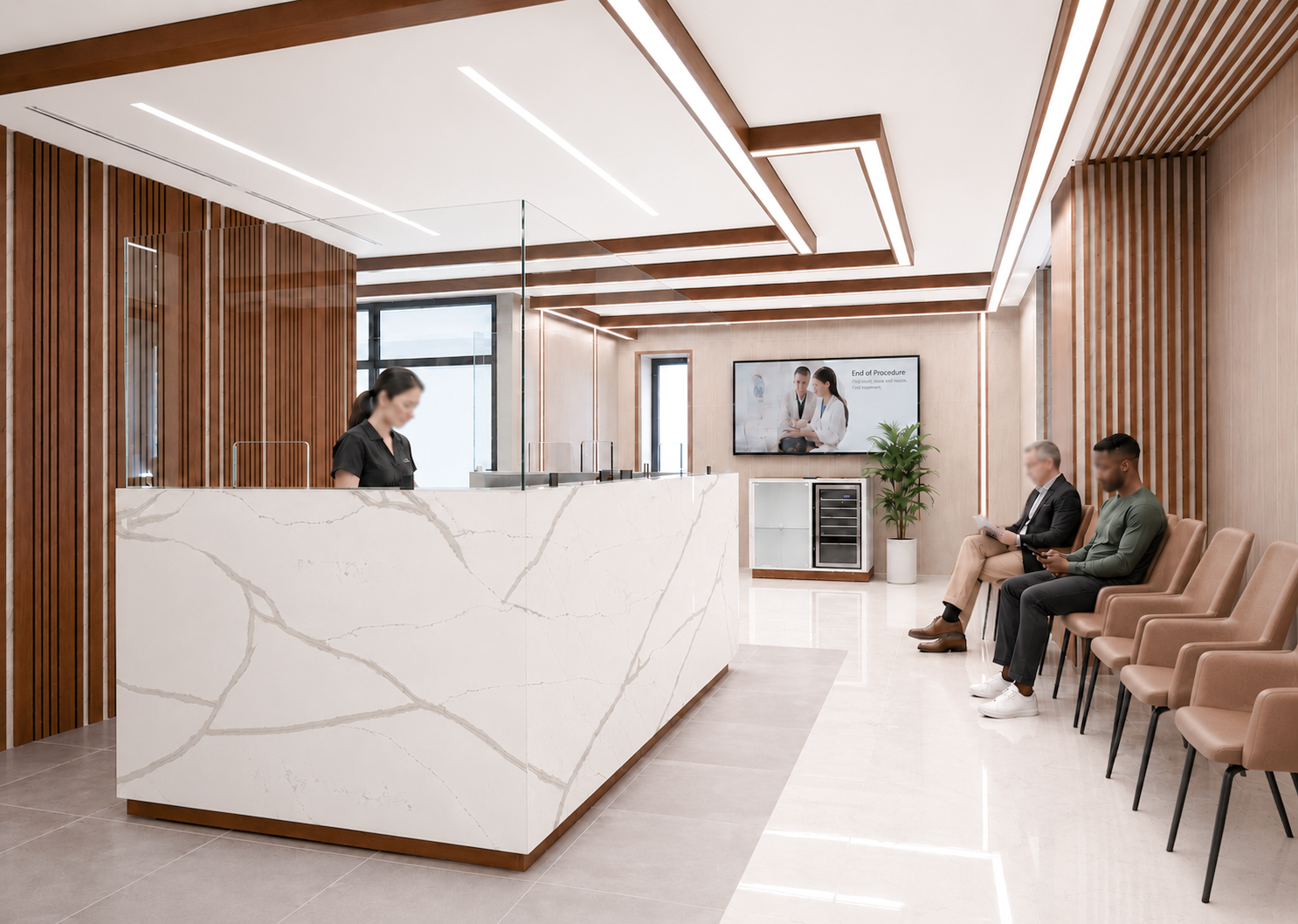 Modern lobby area with a marble reception desk, wooden wall accents, and beige chairs lined up along the wall. Natural light enters through windows. Healthcare. wellbeing and wayfinding. Inspiration for Toronto, Dallas, Park city, Texas, Miami.
