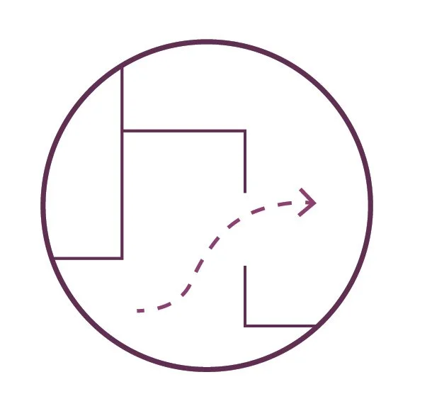 Diagram of a basketball court with a dashed arrow showing a player's movement path.