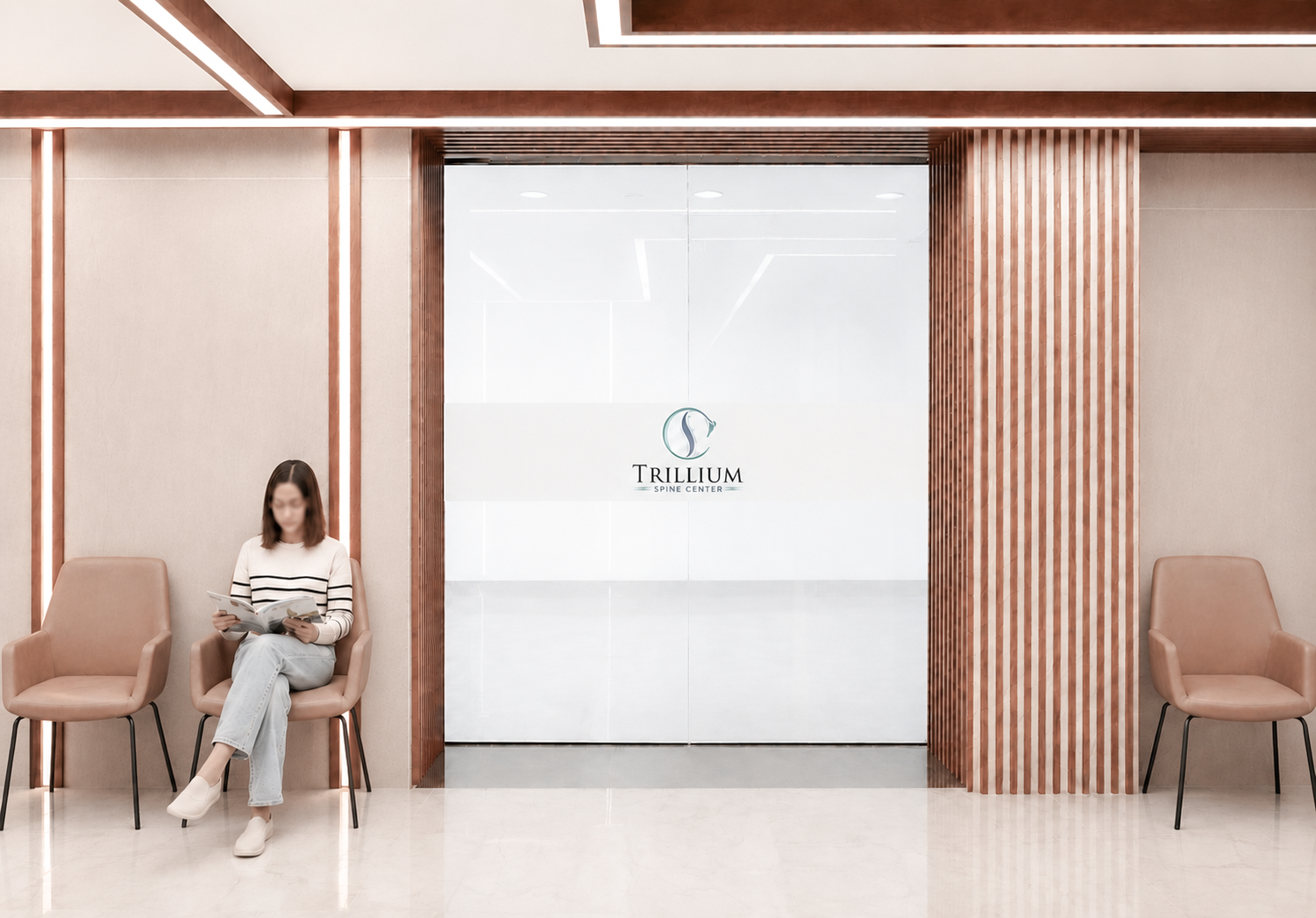 Waiting area with beige chairs in front of a glass wall that has the Trillium Spine Center logo, within a modern interior with wood accents and soft lighting. Healthcare. wellbeing and wayfinding. Inspiration for Toronto, Dallas, Park city.
