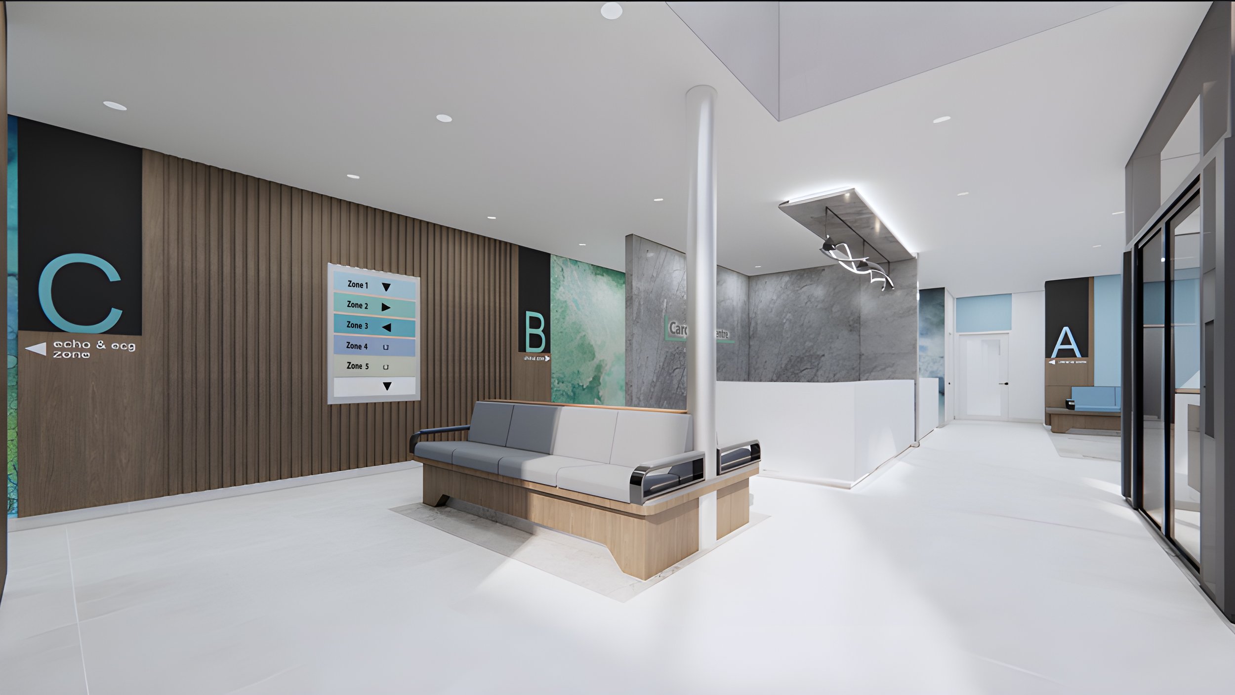 Modern hospital or medical clinic waiting area with white walls, wooden accents, a grey bench, and directional signs for different zones. Healthcare architecture, wayfinding and flow, wellbeing. Toronto, Dallas, Texas, Miami and Park city.