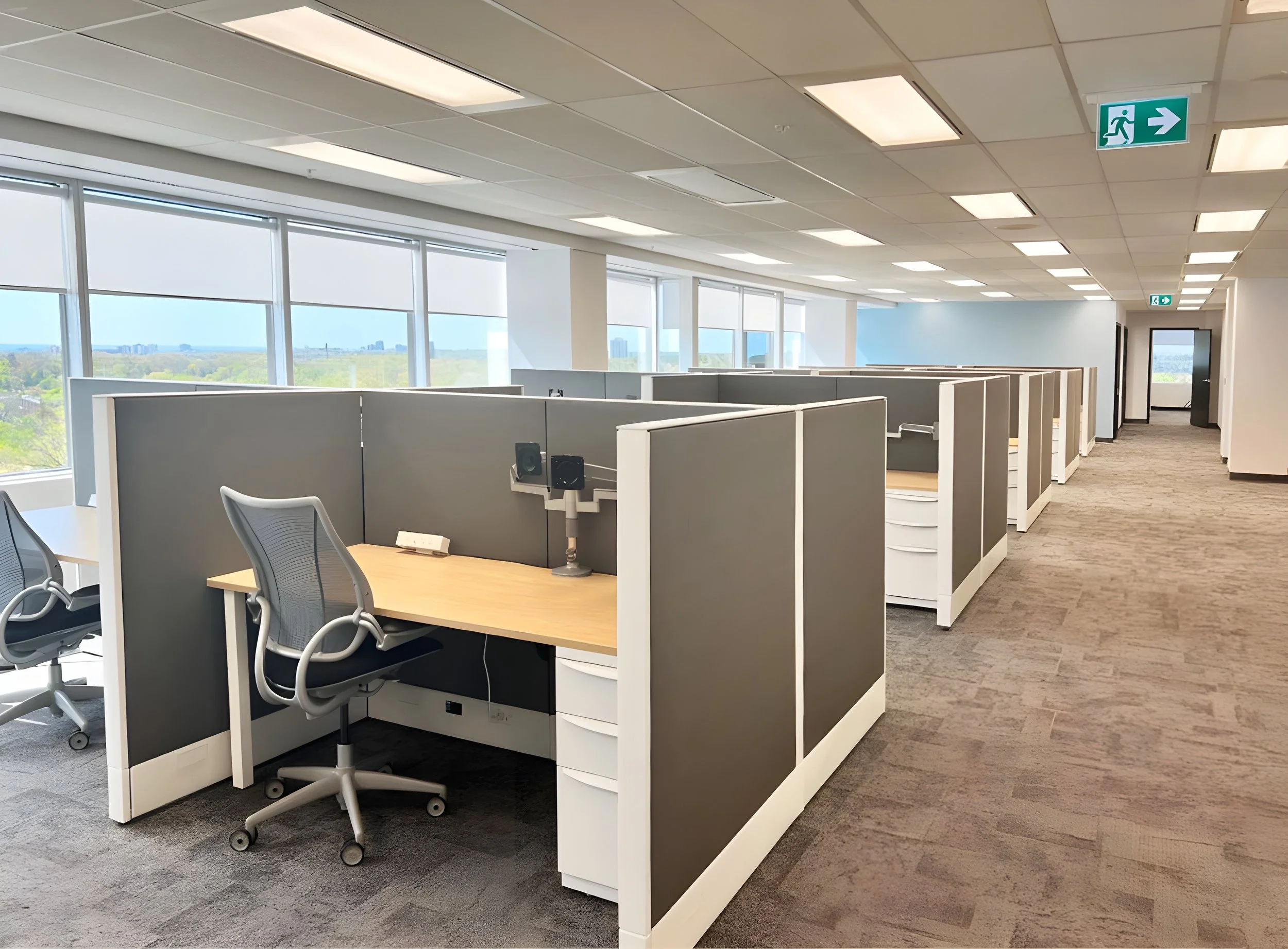 Open-plan office with cubicles and ergonomic chairs, large windows with a view of trees and buildings, ceiling with fluorescent lights, and two green exit signs indicating the direction to the exit.