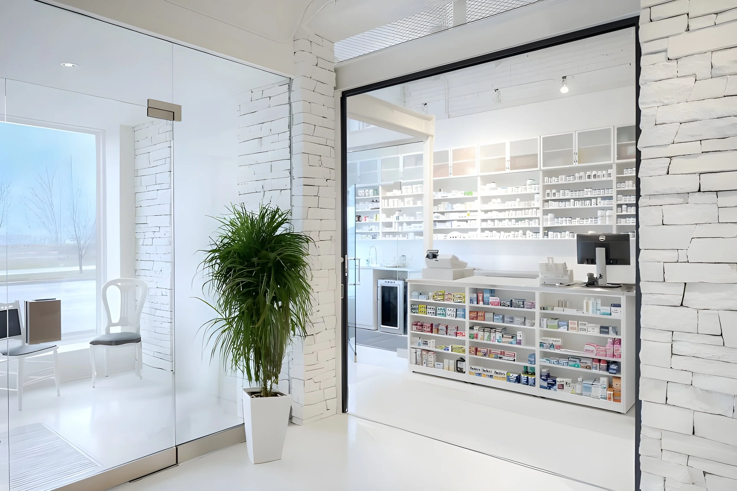 Modern interior space with white brick walls, large windows, a potted plant, white chairs, and a pharmacy counter with shelves of medicine.