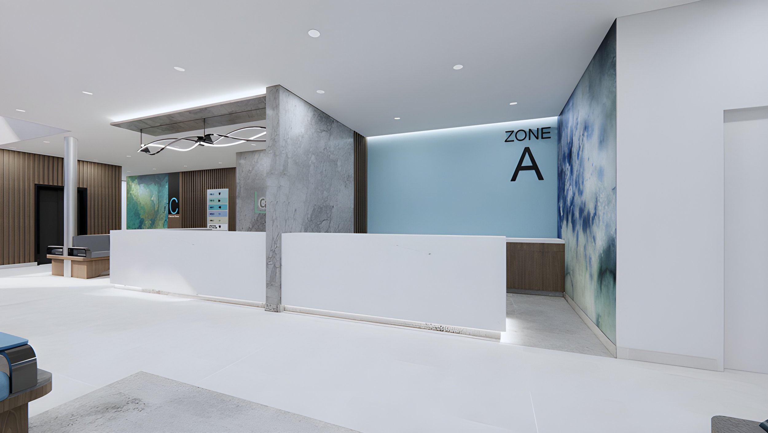 Interior view of a modern medical or office building with a reception area, labeled zones A and C, featuring a marble partition, abstract wall art, and wood accents. Healthcare.  Inspiration for Toronto, Dallas, Texas, Miami and Park city.