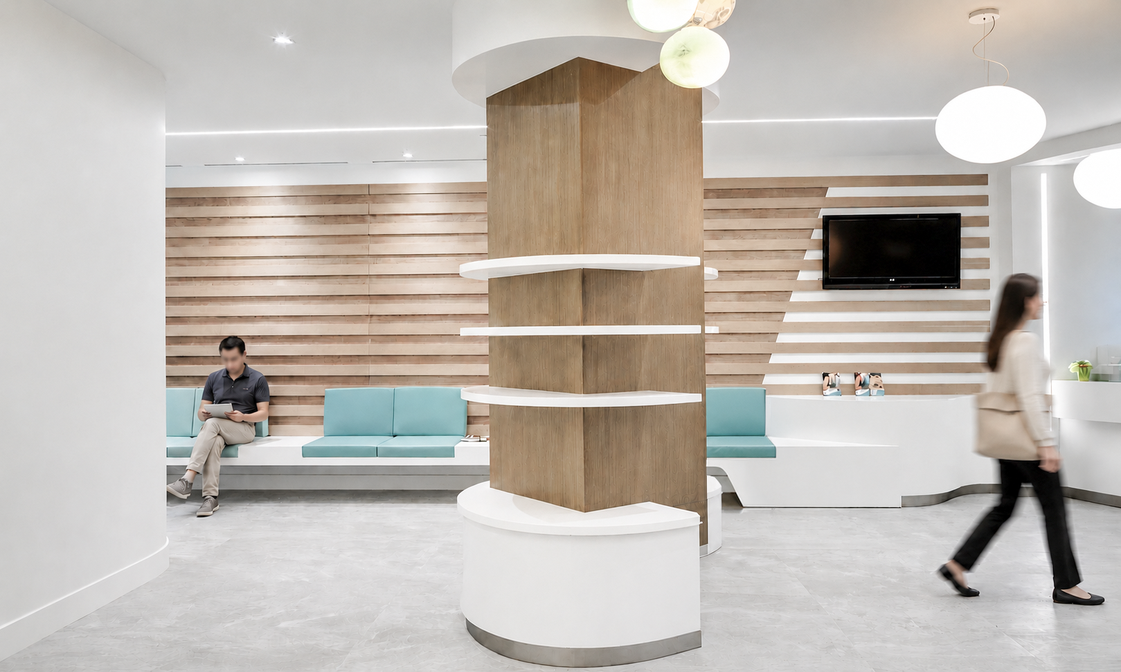 Modern waiting area with blue seating, a wooden and white curved shelving unit, wall with horizontal wood paneling, wall-mounted flat-screen TV, and round pendant lights.  healthcare. wellbeing. wayfinding. Toronto, Dallas Texas, Miami, and Park city