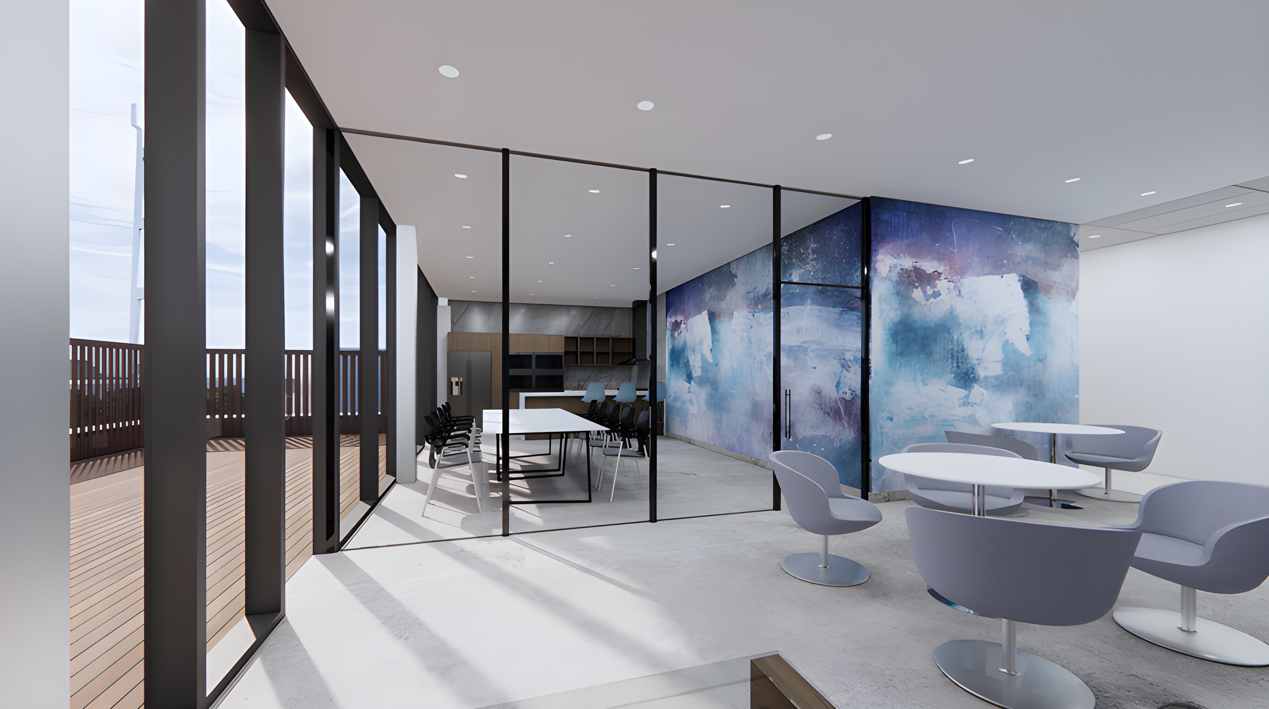 Office space with white round tables, chairs, and a colorful abstract mural wall. Large glass windows and a balcony with a wooden deck and railing. Healthcare architecture, wayfinding and flow, wellbeing. Toronto, Dallas, Texas, Miami and park city.